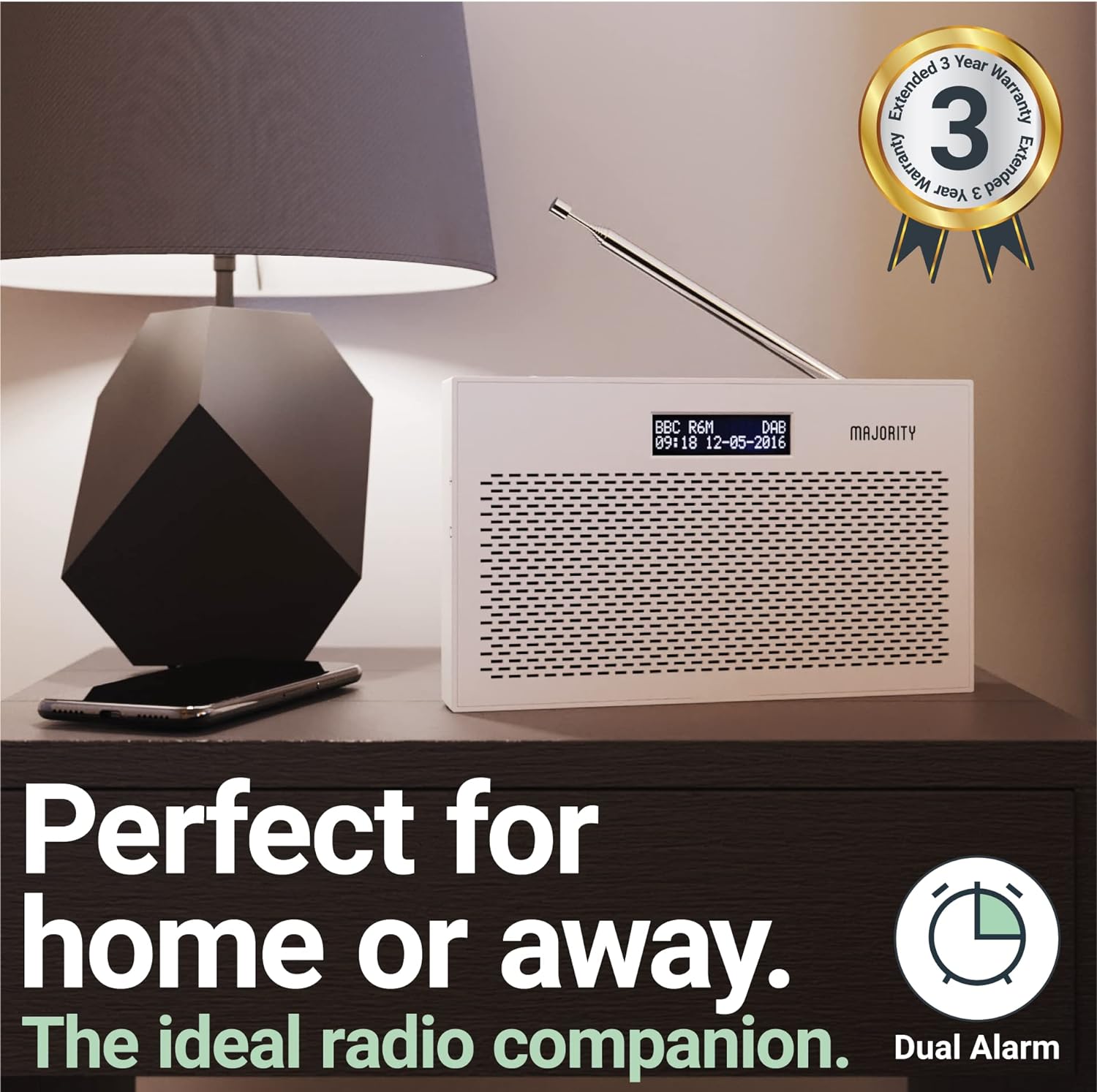 Portable DAB/DAB+ Digital Radio | 15 Hour Battery and Mains Powered | Kitchen FM Radio, 20 Presets | LED Display, 3.5mm Headphone Jack | Dual Alarm with Sleep Timer Function | MAJORITY Histon (White) - Amazing Gadgets Outlet