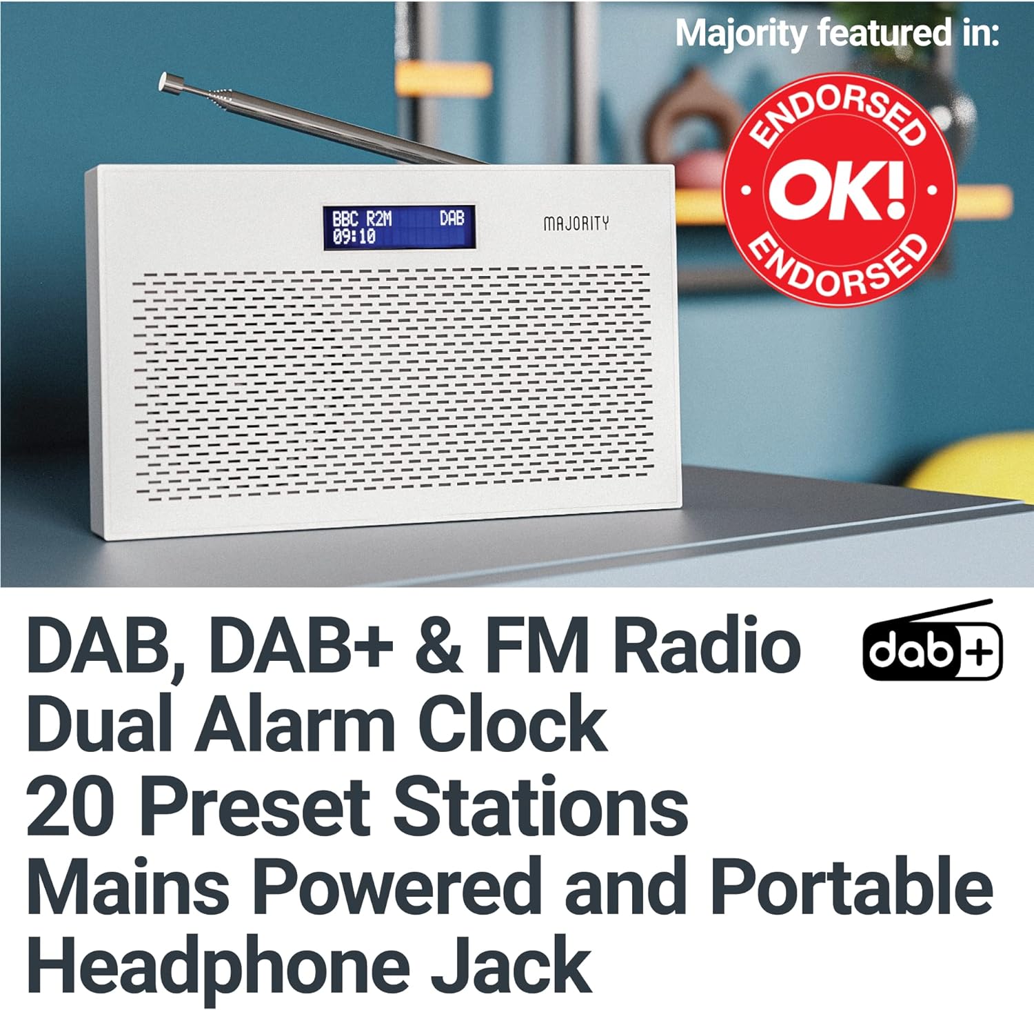 Portable DAB/DAB+ Digital Radio | 15 Hour Battery and Mains Powered | Kitchen FM Radio, 20 Presets | LED Display, 3.5mm Headphone Jack | Dual Alarm with Sleep Timer Function | MAJORITY Histon (White) - Amazing Gadgets Outlet