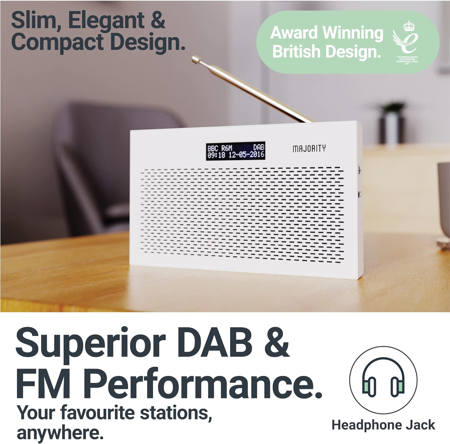 Portable DAB/DAB+ Digital Radio | 15 Hour Battery and Mains Powered | Kitchen FM Radio, 20 Presets | LED Display, 3.5mm Headphone Jack | Dual Alarm with Sleep Timer Function | MAJORITY Histon (White) - Amazing Gadgets Outlet