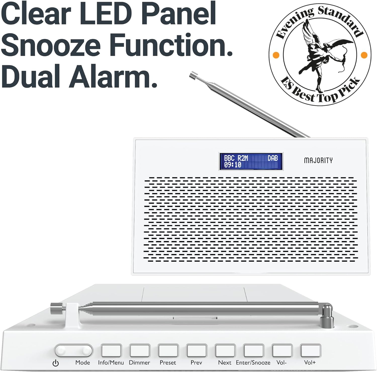 Portable DAB/DAB+ Digital Radio | 15 Hour Battery and Mains Powered | Kitchen FM Radio, 20 Presets | LED Display, 3.5mm Headphone Jack | Dual Alarm with Sleep Timer Function | MAJORITY Histon (White) - Amazing Gadgets Outlet