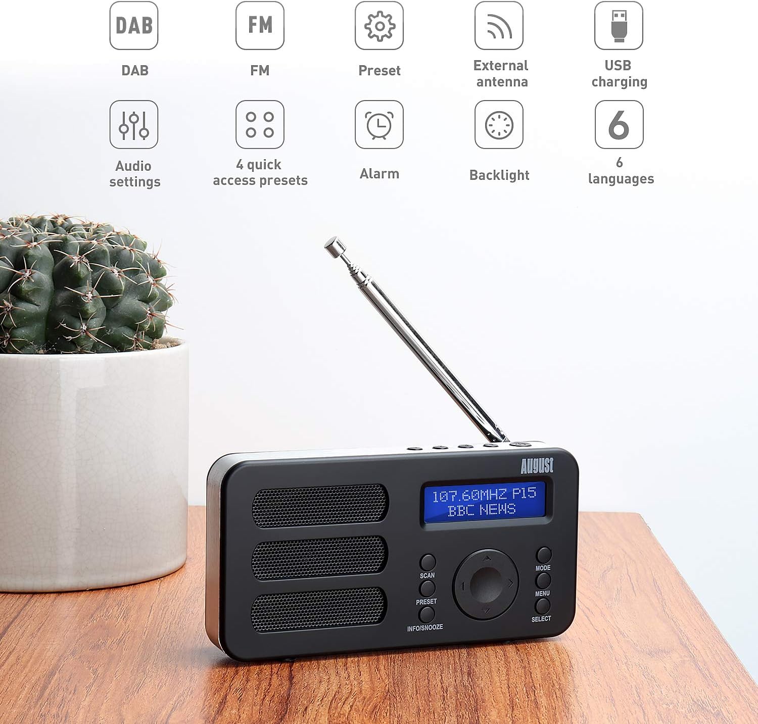 Portable Digital DAB Radio - August MB225 - DAB+/FM - RDS Function, 40 Presets, Stereo/Mono Portable Radio, Dual Alarm, Rechargeable Battery, Headphone Jack - Amazing Gadgets Outlet