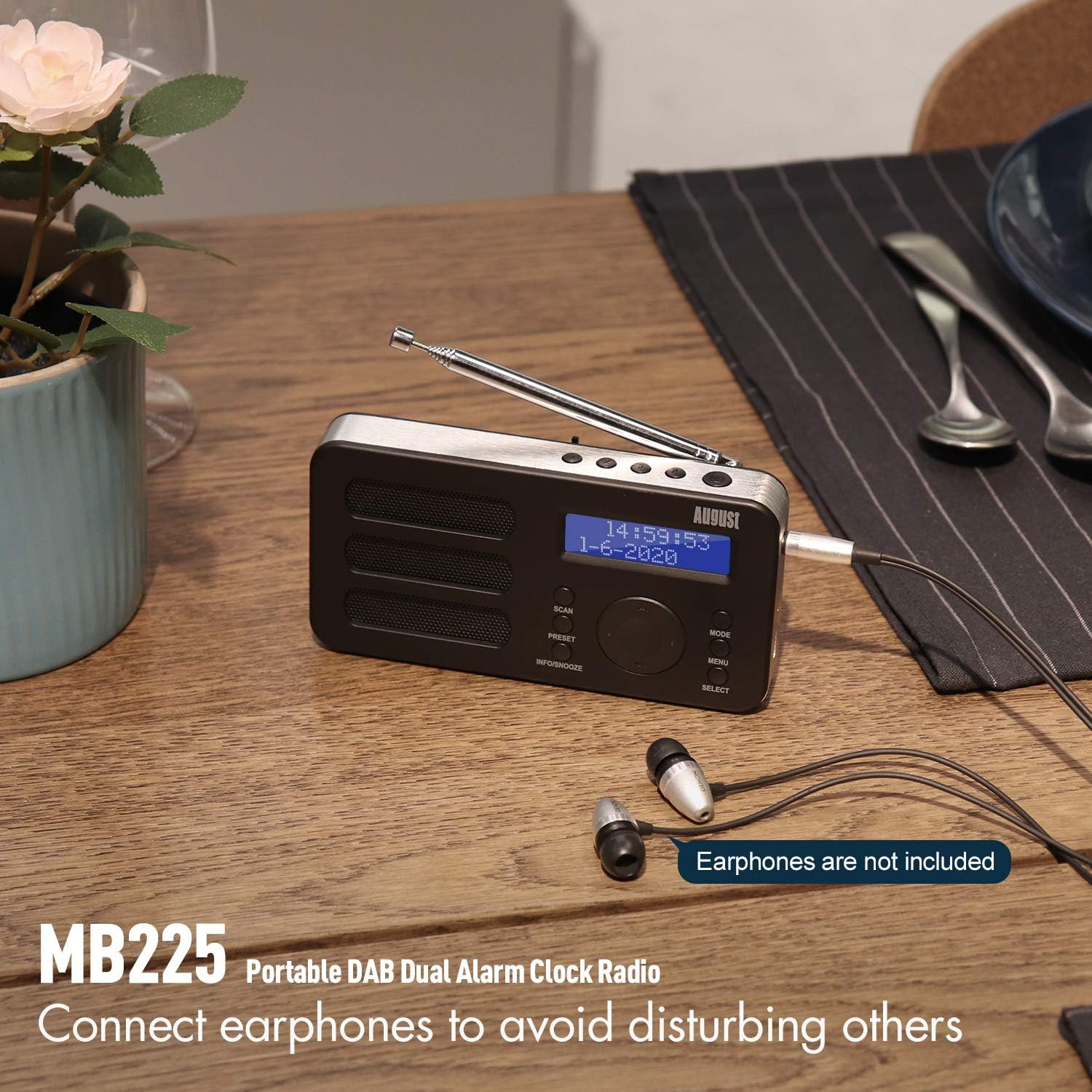 Portable Digital DAB Radio - August MB225 - DAB+/FM - RDS Function, 40 Presets, Stereo/Mono Portable Radio, Dual Alarm, Rechargeable Battery, Headphone Jack - Amazing Gadgets Outlet