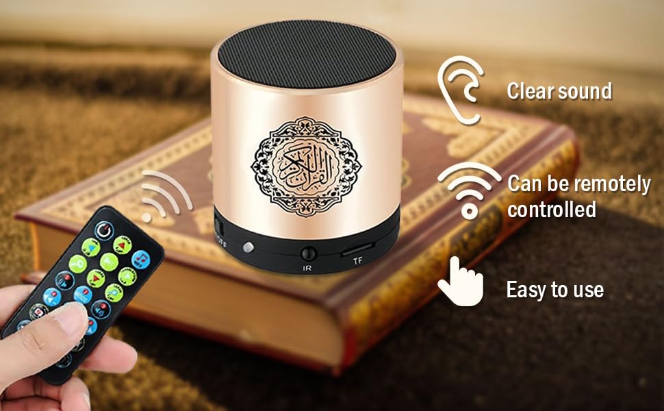 Portable Digital Quran Speaker,Anlising Quran Speaker with Remote Control,Quran Speaker MP3 Player,Quran Translator,USB Rechargeable,8GB,over 18 Reciter and 15 Translations Available(Gold) - Amazing Gadgets Outlet