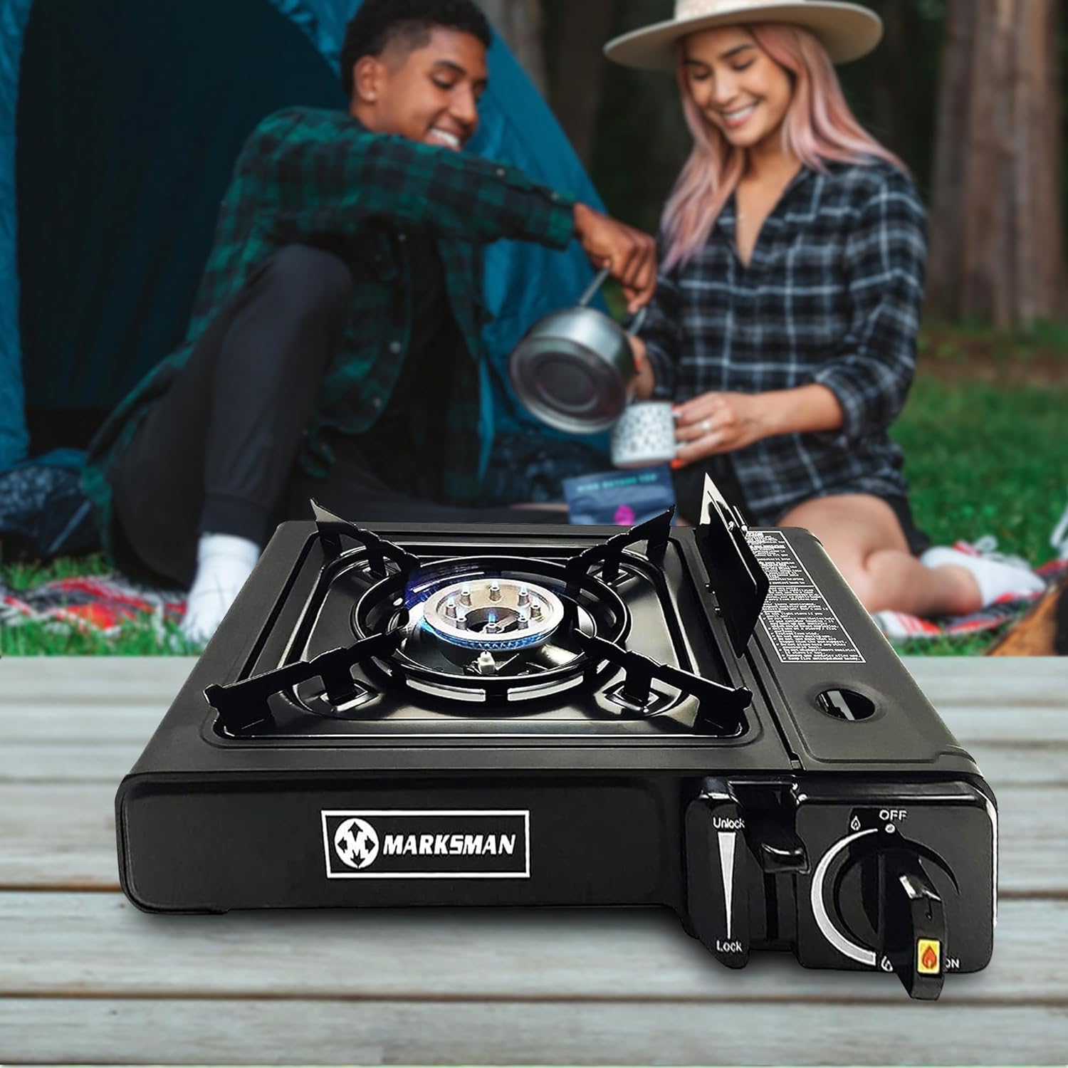 Portable Gas Cooker Stove + 8 Butane Gas Bottles Canisters - For Outdoor Camping, Fishing, Caravan & BBQ | Premium Burner, Automatic Ignition & Heater Control, EN417 Compliant - Black Grill With Case - Amazing Gadgets Outlet