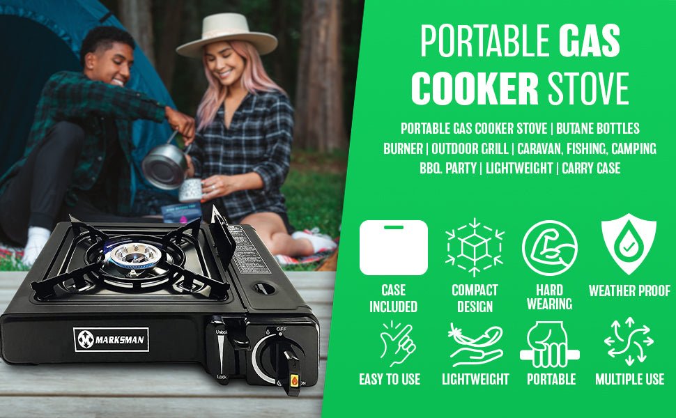 Portable Gas Cooker Stove + 8 Butane Gas Bottles Canisters - For Outdoor Camping, Fishing, Caravan & BBQ | Premium Burner, Automatic Ignition & Heater Control, EN417 Compliant - Black Grill With Case - Amazing Gadgets Outlet