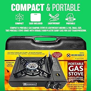 Portable Gas Cooker Stove + 8 Butane Gas Bottles Canisters - For Outdoor Camping, Fishing, Caravan & BBQ | Premium Burner, Automatic Ignition & Heater Control, EN417 Compliant - Black Grill With Case - Amazing Gadgets Outlet