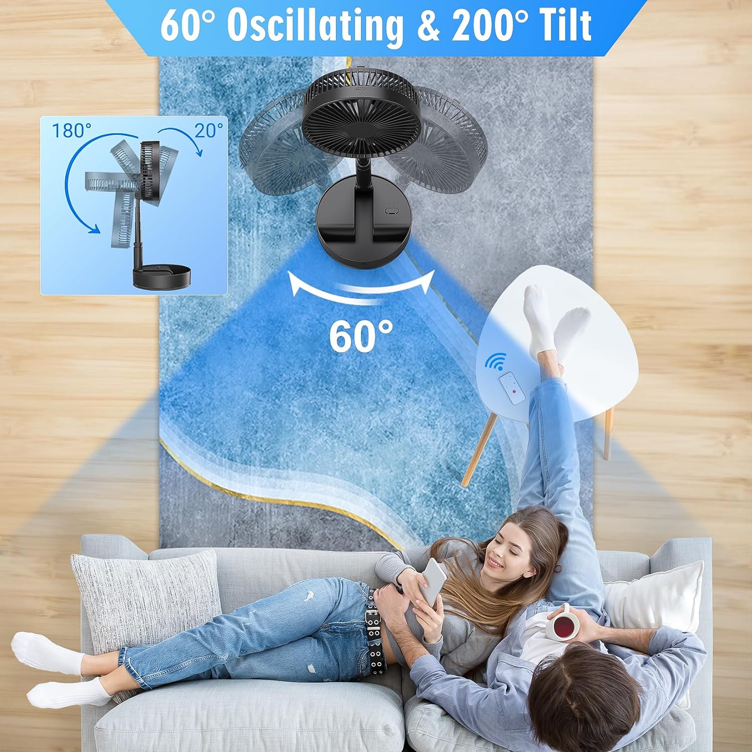 Portable Oscillating Standing Pedestal Fan with Remote Control, 8 inch Silent, 7200mAh Rechargeable Battery USB Powered Floor Fan, Height Adjustable Foldable Desk Table Fans for Bedroom Home Black - Amazing Gadgets Outlet