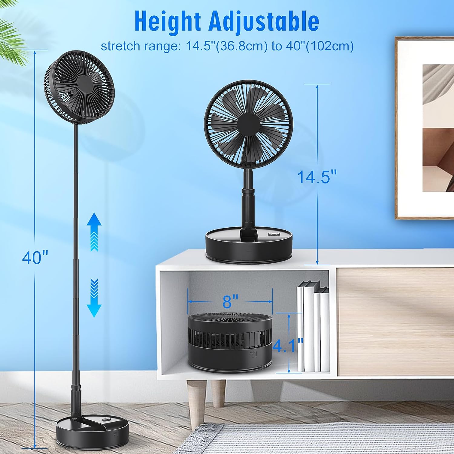 Portable Oscillating Standing Pedestal Fan with Remote Control, 8 inch Silent, 7200mAh Rechargeable Battery USB Powered Floor Fan, Height Adjustable Foldable Desk Table Fans for Bedroom Home Black - Amazing Gadgets Outlet