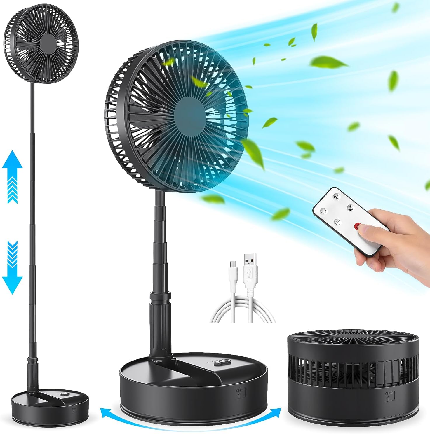 Portable Oscillating Standing Pedestal Fan with Remote Control, 8 inch Silent, 7200mAh Rechargeable Battery USB Powered Floor Fan, Height Adjustable Foldable Desk Table Fans for Bedroom Home Black - Amazing Gadgets Outlet