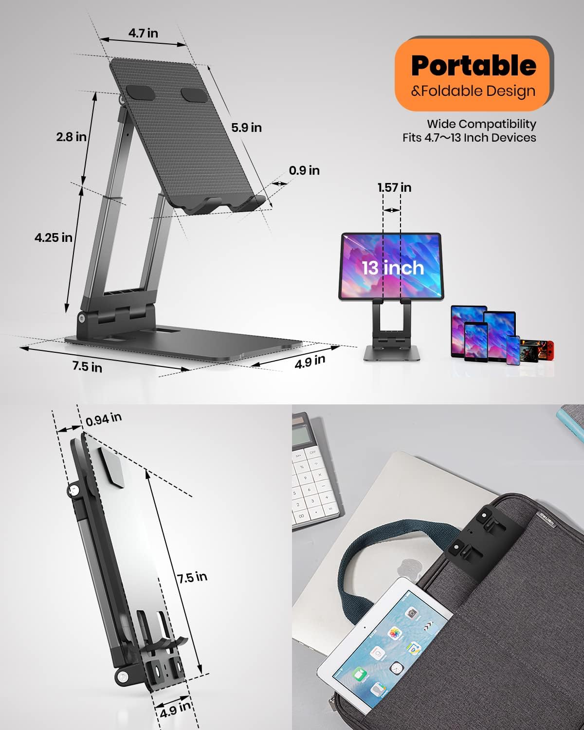 Portable Tablet Stand - Klearlook Adjustable Height/Angle Foldable iPad Stand up to 12.9",Aluminum Phone Tablet Holder Compatible iPad Pro/Mini/Air,iPhone 13 Pro Max,Galaxy Tab,Switch, 4 - 13"Device - Black - Amazing Gadgets Outlet