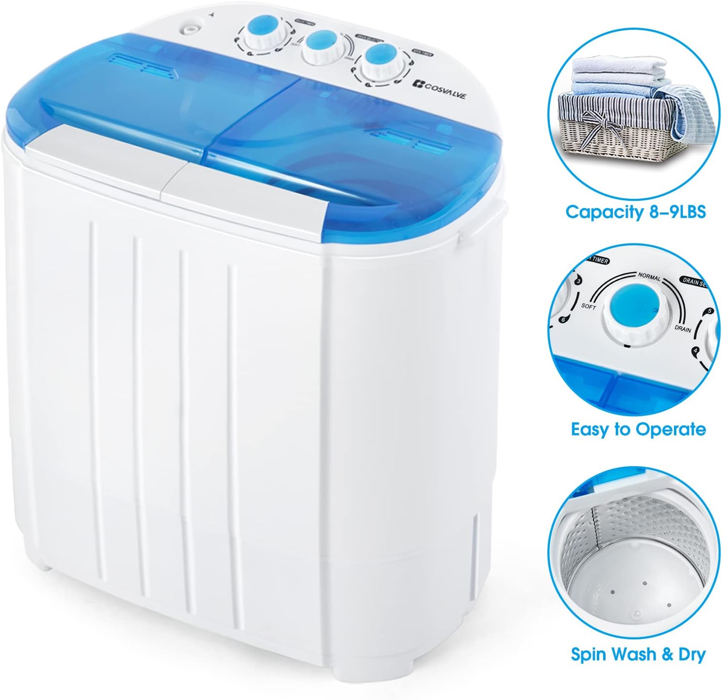 Portable Twin Tub Washing Machine 5 KG Total Capacity Washer And Spin Dryer Combo Compact For Camping Dorms Apartments College Rooms 3 KG Washer 2 KG Drying Blue&White - Amazing Gadgets Outlet