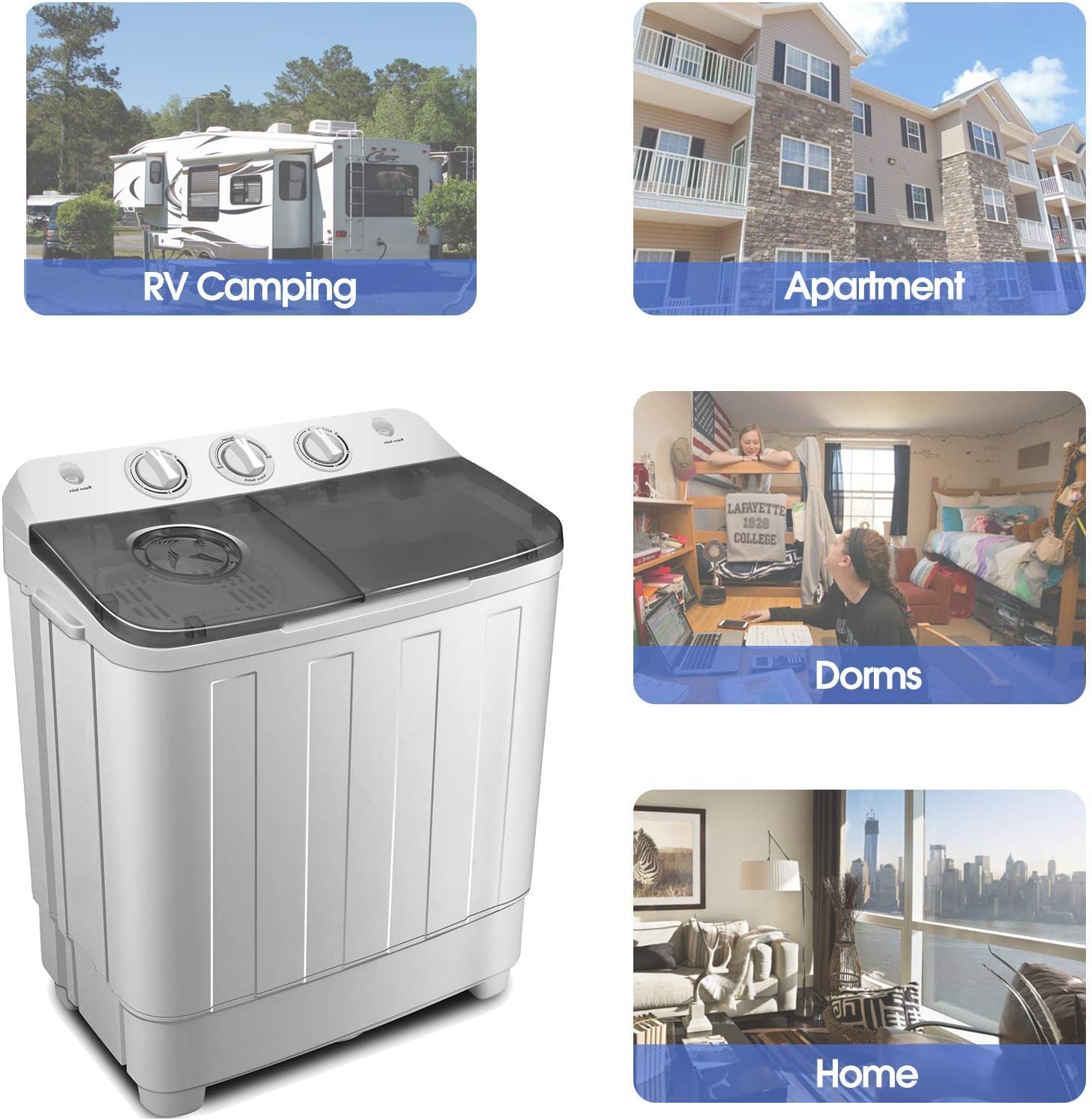 Portable Twin Tub Washing Machine 8.5 KG Total Capacity Washer And Spin Dryer Combo Compact For Camping Dorms Apartments College Rooms 6.5KG Washer 2 KG Drying Black&White - Amazing Gadgets Outlet