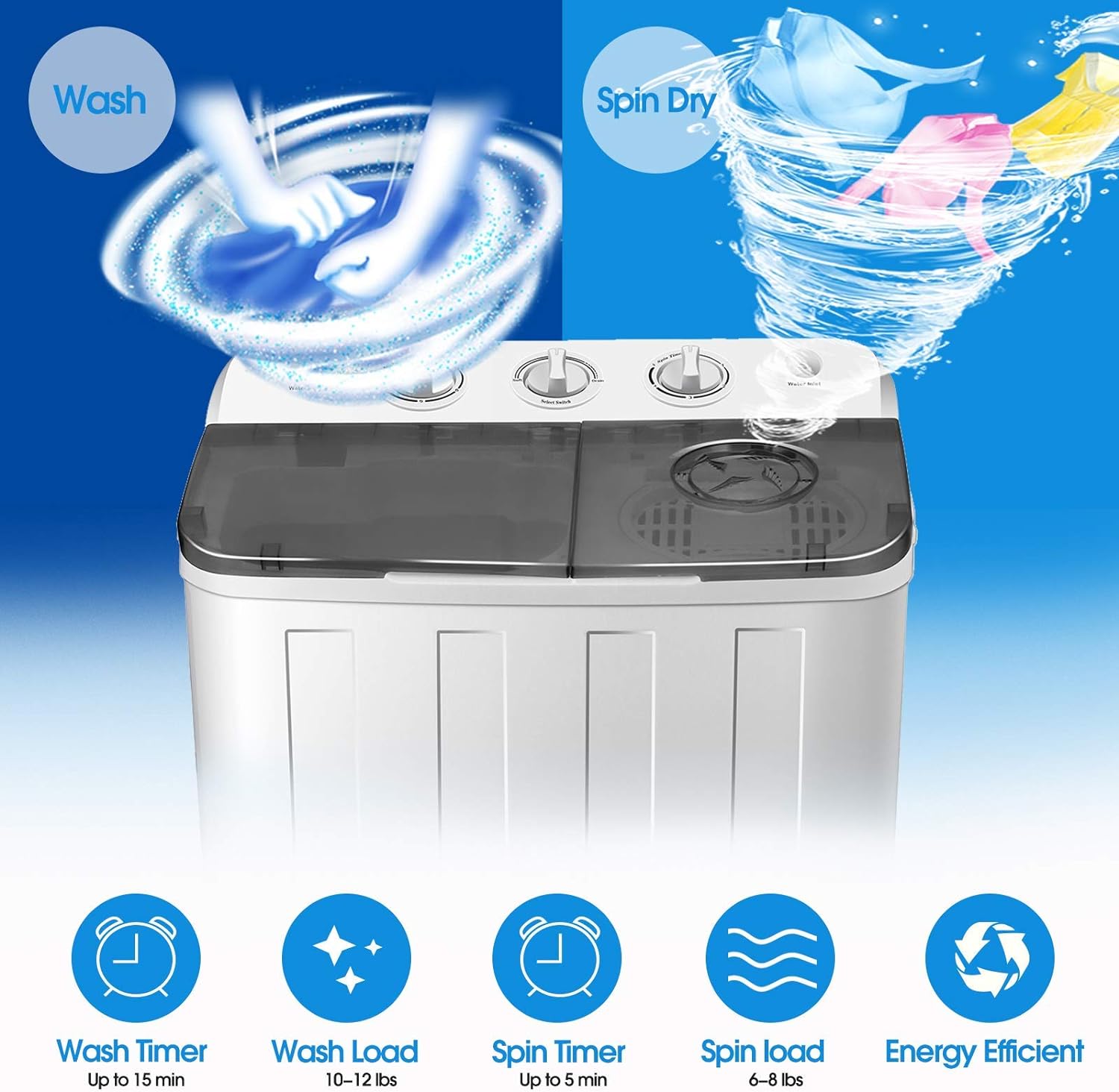 Portable Twin Tub Washing Machine 8.5 KG Total Capacity Washer And Spin Dryer Combo Compact For Camping Dorms Apartments College Rooms 6.5KG Washer 2 KG Drying Black&White - Amazing Gadgets Outlet