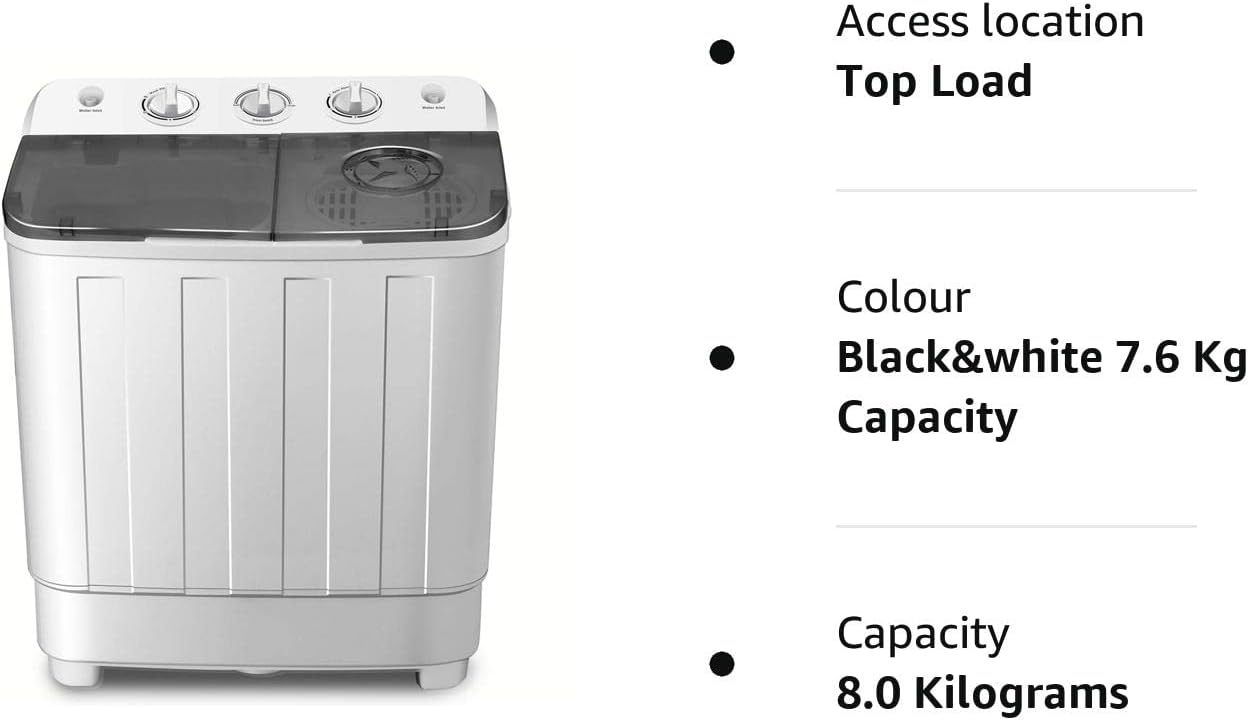 Portable Twin Tub Washing Machine 8.5 KG Total Capacity Washer And Spin Dryer Combo Compact For Camping Dorms Apartments College Rooms 6.5KG Washer 2 KG Drying Black&White - Amazing Gadgets Outlet