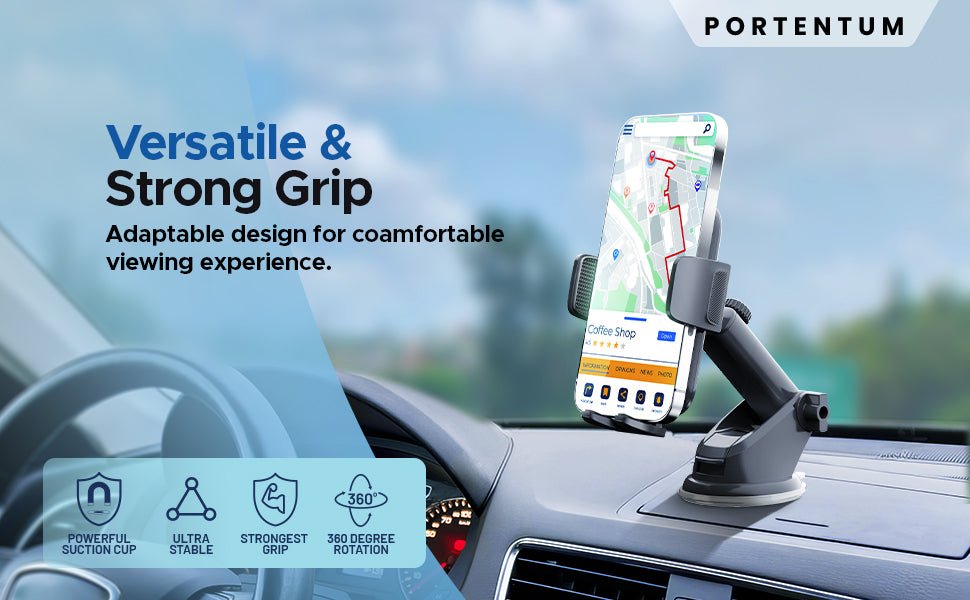 PORTENTUM Car Phone Holder, Adjustable phone holder for cars 360° Rotation for Car Dashboard/Windscreen - Upgraded Strong Suction - One Button Release Car Phone Cradle for 4.0'' - 7.0'' Phones - Amazing Gadgets Outlet