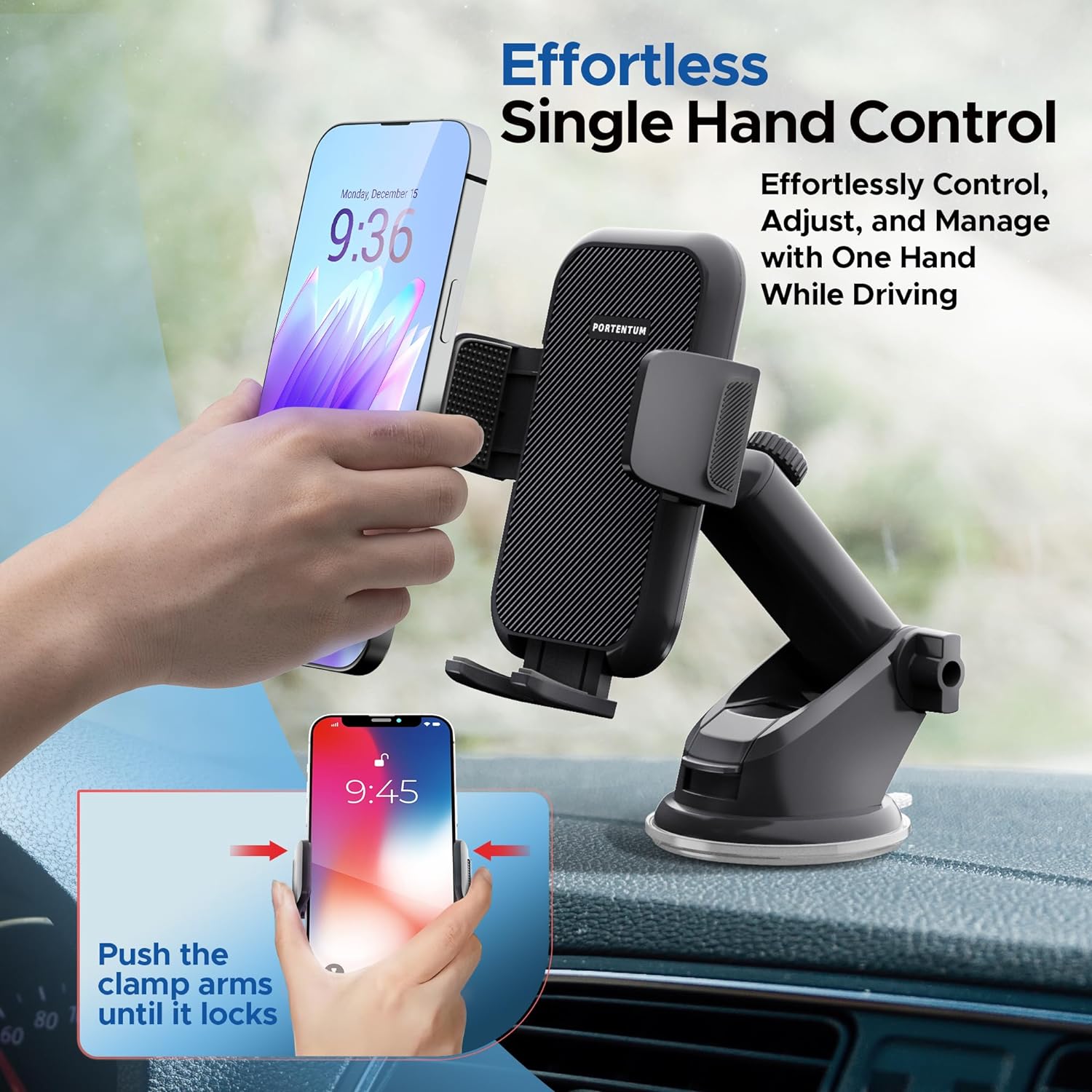 PORTENTUM Car Phone Holder, Adjustable phone holder for cars 360° Rotation for Car Dashboard/Windscreen - Upgraded Strong Suction - One Button Release Car Phone Cradle for 4.0'' - 7.0'' Phones - Amazing Gadgets Outlet