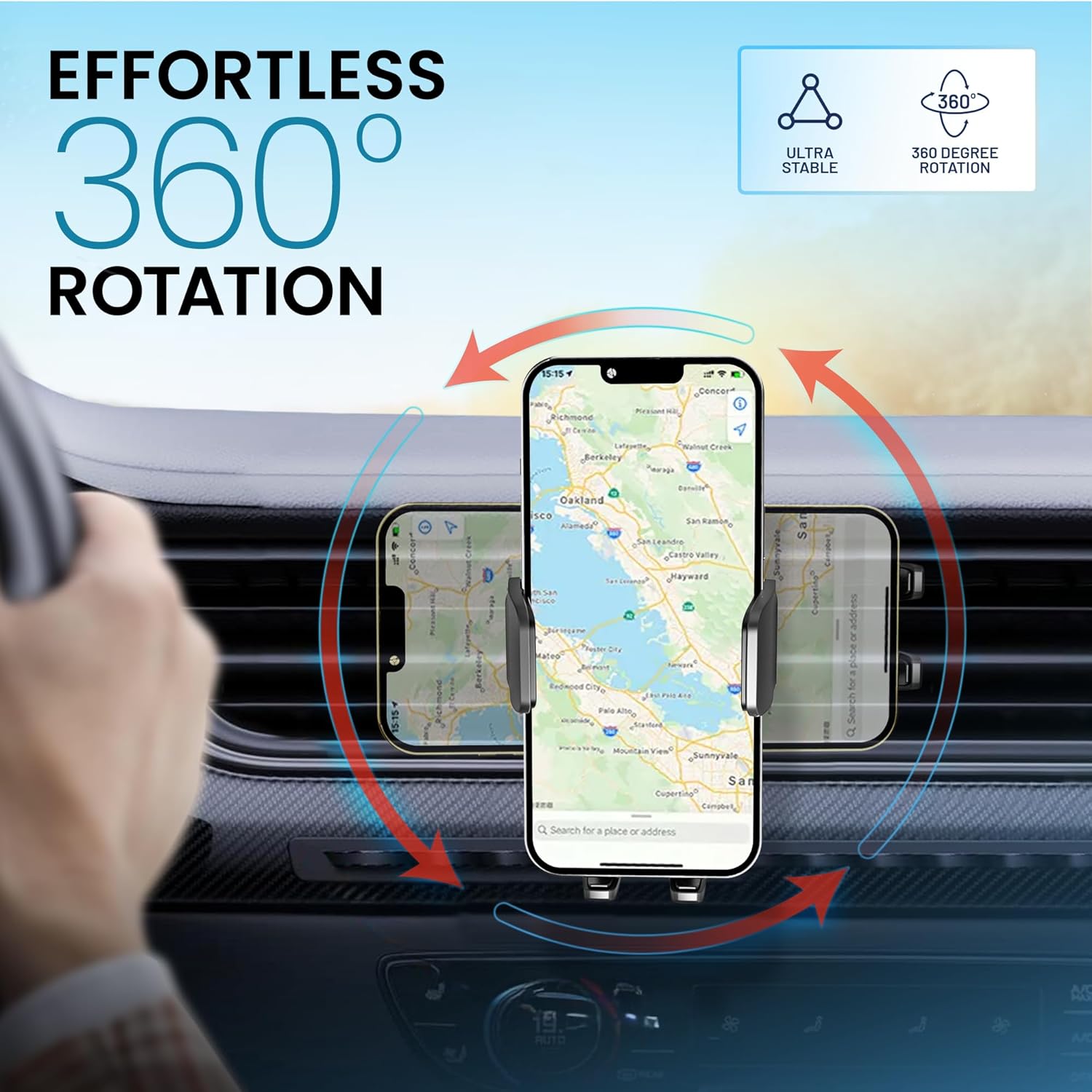 PORTENTUM Car Phone Holder, Air Vent Car Phone Mount Cradle 360° Rotation - Upgraded Hook Clip and One Button Release Function - Super Stable Car Phone Holder - Amazing Gadgets Outlet