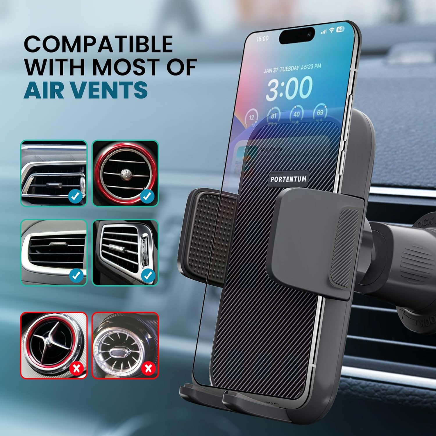 PORTENTUM Car Phone Holder, Air Vent Car Phone Mount Cradle 360° Rotation - Upgraded Hook Clip and One Button Release Function - Super Stable Car Phone Holder - Amazing Gadgets Outlet