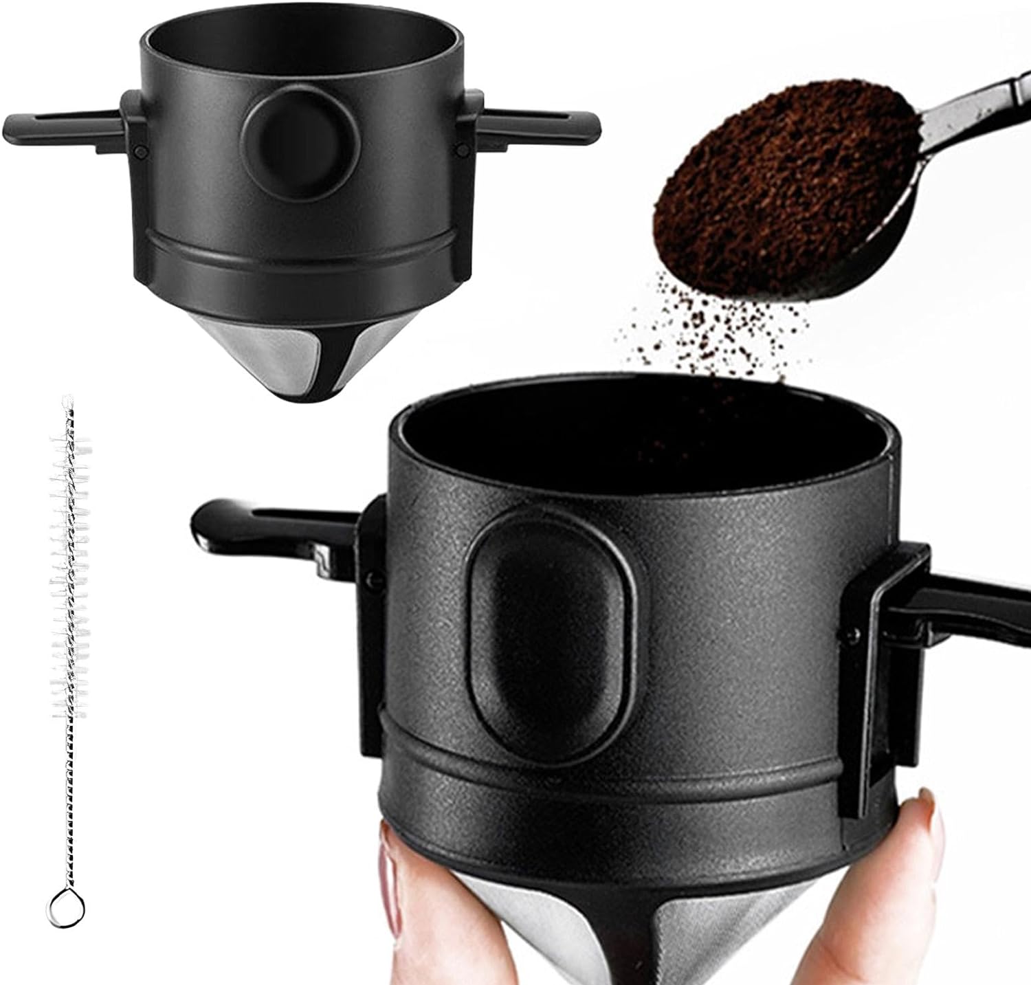 Pour Over Coffee Dripper & Cleaning Brush,Pour Over Coffee Maker 1 - 2 Cup,Reusable Cone Coffee Dripper Filter,Stainless Steel Resin Coffee Maker Filters,for Home, Travelling and Camping - Amazing Gadgets Outlet