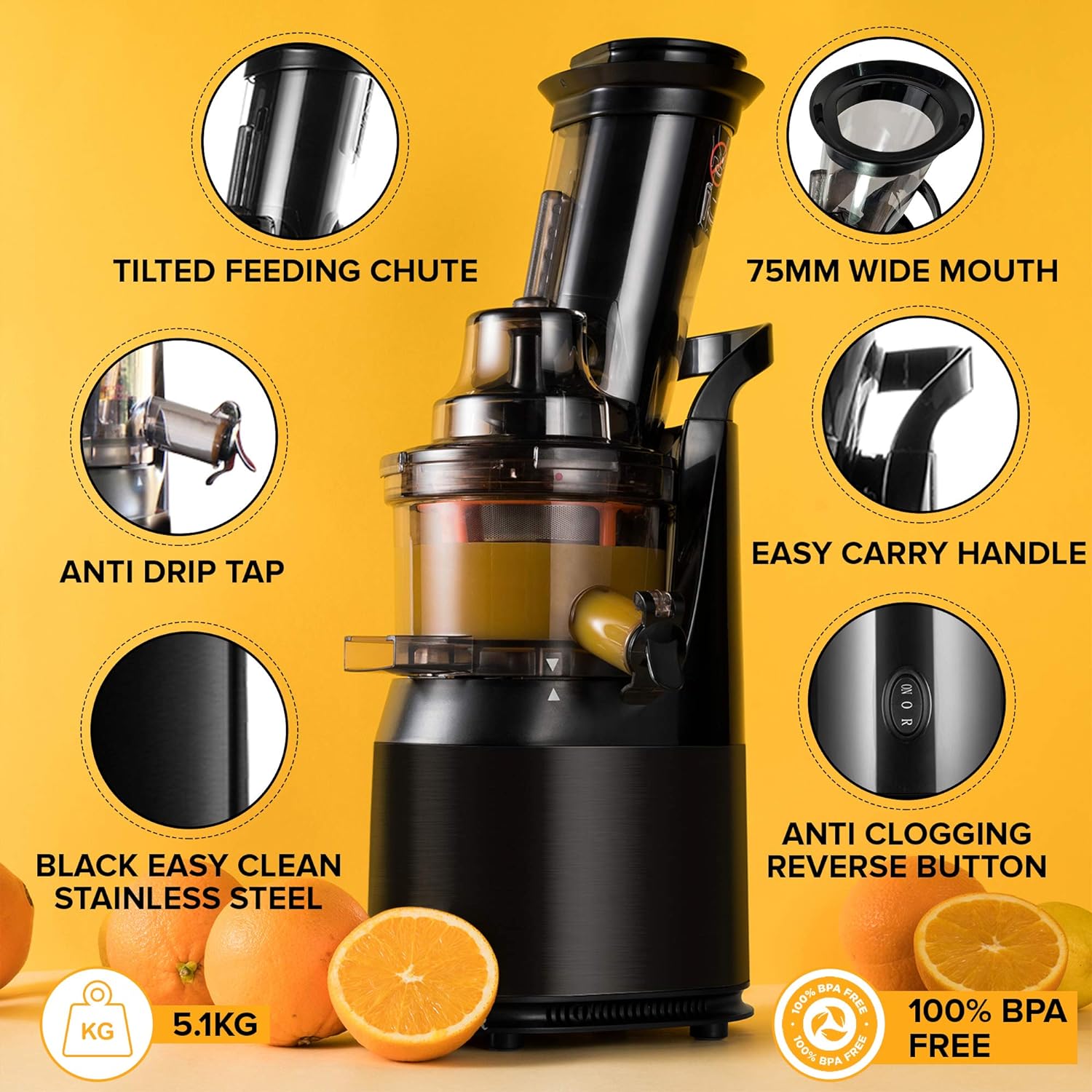 Powerful Masticating Juicer for Whole Fruits and Vegetables, Fresh Healthy Juice, Sorbet, Ice Cream, Wide Mouth 75mm Feeding Chute, BPA Free, 240 - Watt, Cold Press, Black Stainless Steel Fridja f1900 - Amazing Gadgets Outlet