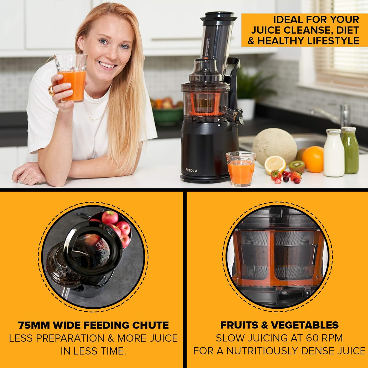 Powerful Masticating Juicer for Whole Fruits and Vegetables, Fresh Healthy Juice, Sorbet, Ice Cream, Wide Mouth 75mm Feeding Chute, BPA Free, 240 - Watt, Cold Press, Black Stainless Steel Fridja f1900 - Amazing Gadgets Outlet