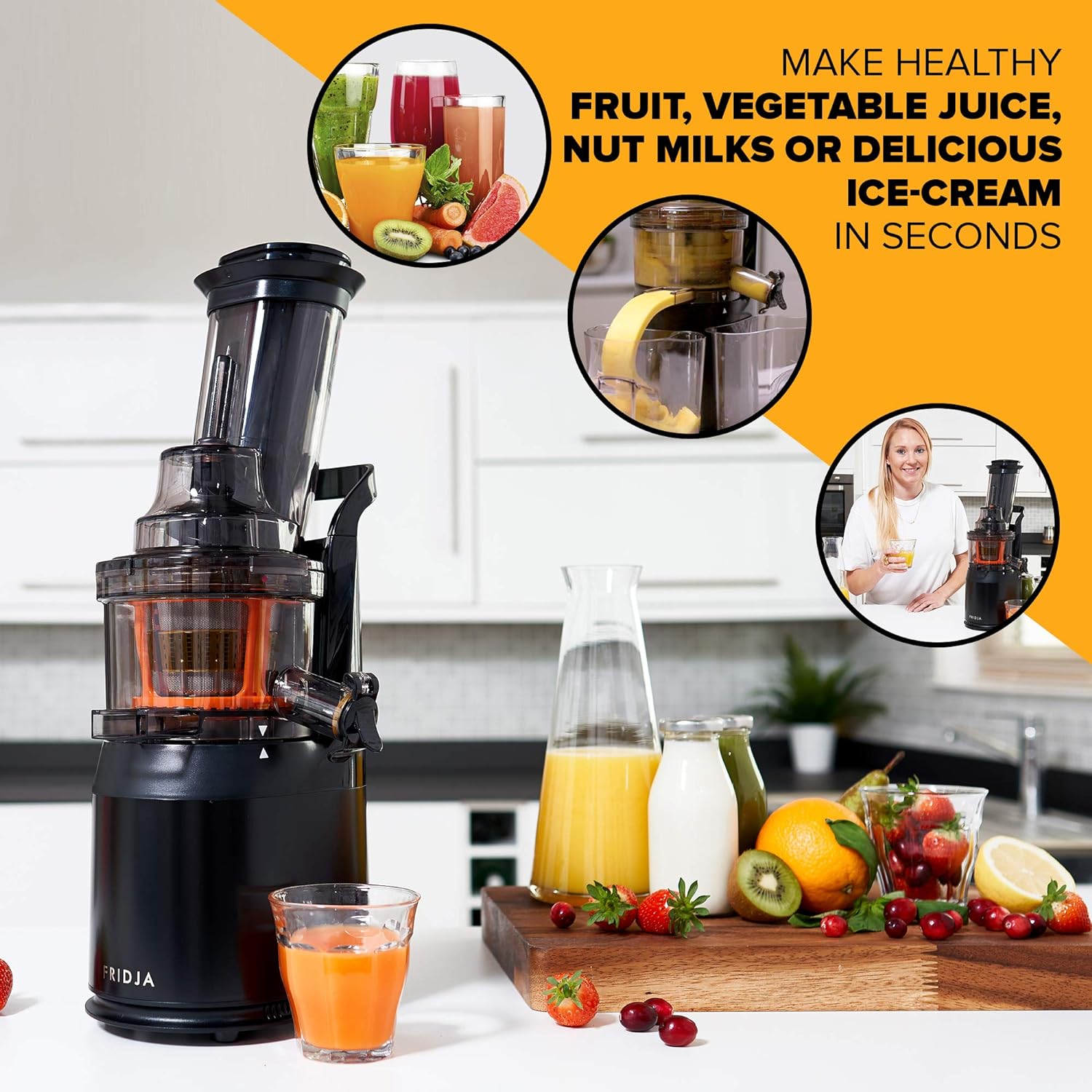 Powerful Masticating Juicer for Whole Fruits and Vegetables, Fresh Healthy Juice, Sorbet, Ice Cream, Wide Mouth 75mm Feeding Chute, BPA Free, 240 - Watt, Cold Press, Black Stainless Steel Fridja f1900 - Amazing Gadgets Outlet