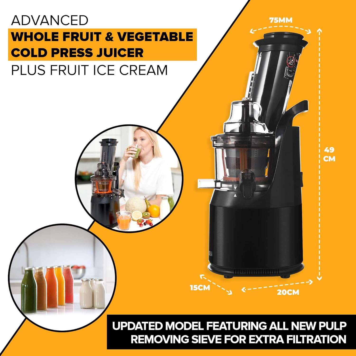 Powerful Masticating Juicer for Whole Fruits and Vegetables, Fresh Healthy Juice, Sorbet, Ice Cream, Wide Mouth 75mm Feeding Chute, BPA Free, 240 - Watt, Cold Press, Black Stainless Steel Fridja f1900 - Amazing Gadgets Outlet