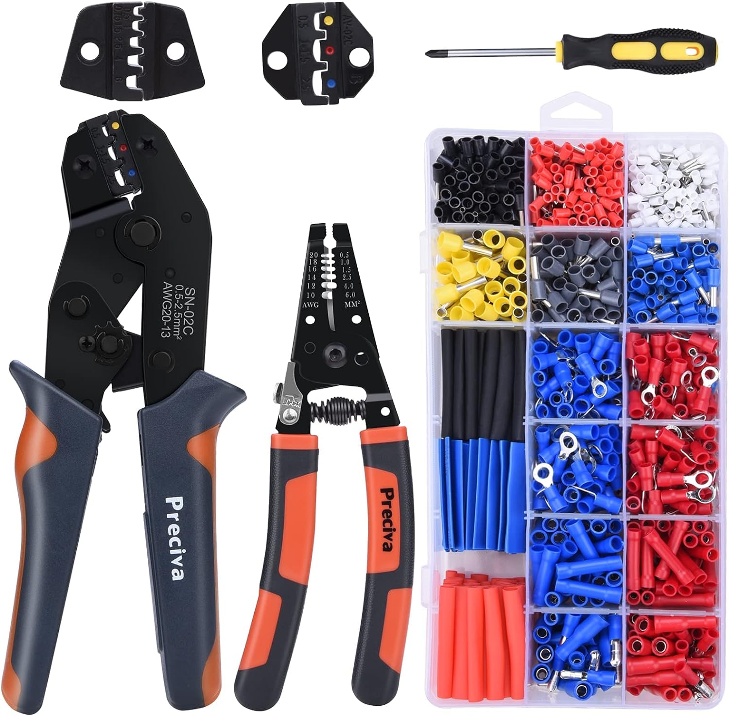 Preciva 4 - in - 1 Crimping Tool Kit, 0.5 - 6mm² Ferrule Crimper Plier, 0.5 - 2.5mm² Ratcheting Wire Terminal Crimping Tool,1380 Wire Crimp Connectors, 90 Heat Shrink Tubing and Wire Stripper (1380Pcs) - Amazing Gadgets Outlet