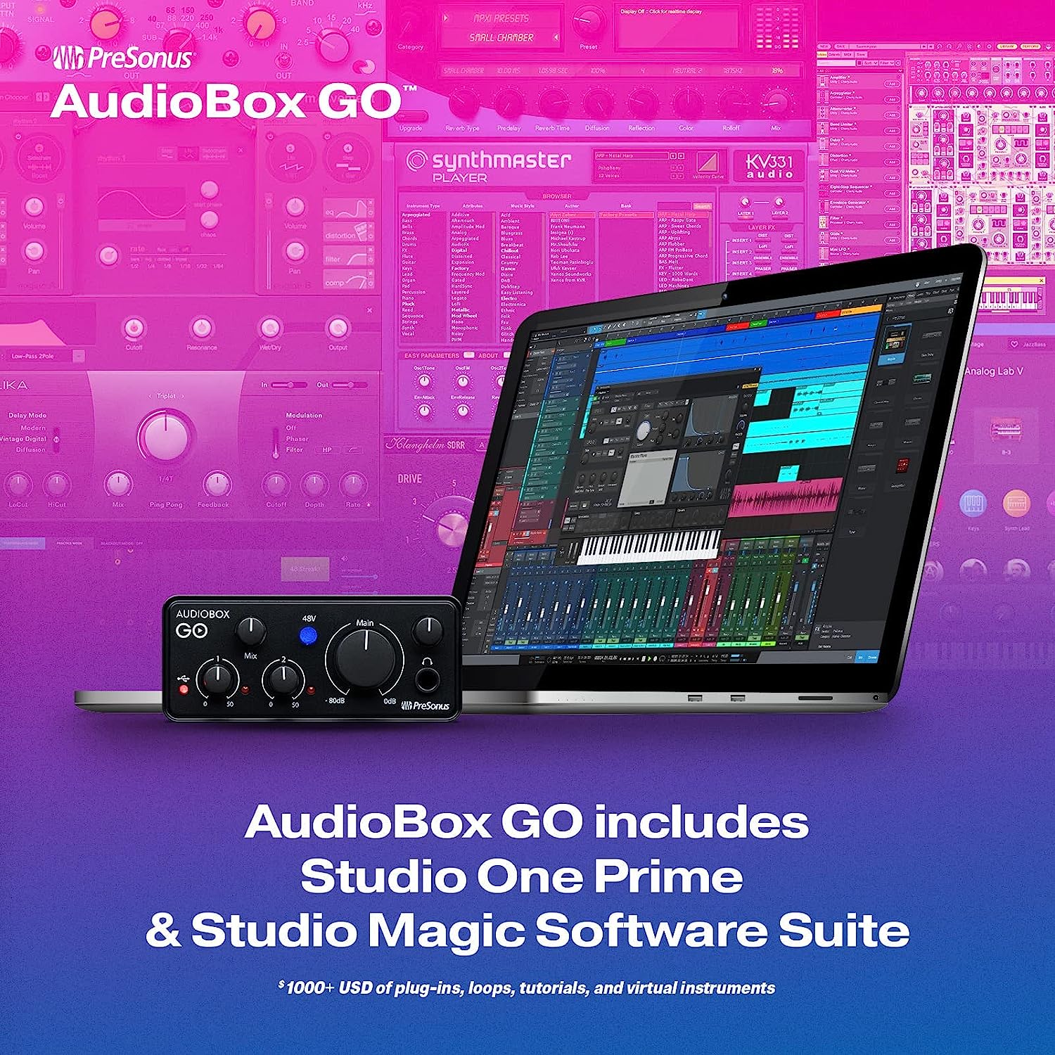 PreSonus AudioBox GO, USB - C, Audio Interface, For Music Production with Studio One DAW Recording Software, Music Tutorials, Sound Samples and Virtual Instruments - Amazing Gadgets Outlet