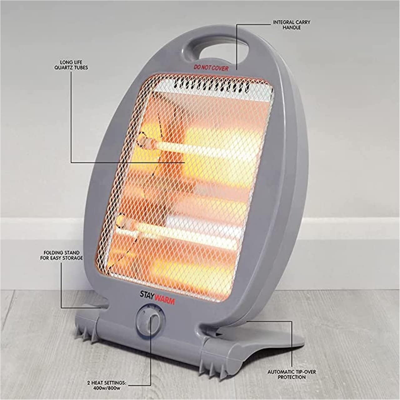 PRICE BEATER 800W Halogen Heater Silent Energy Saving Heater Durable & Long Lasting Instant Heat with 2 Settings Ideal for Winter Living Room Caravan Home Office Garges 2 Bars Quartz Compact (800W) - Amazing Gadgets Outlet