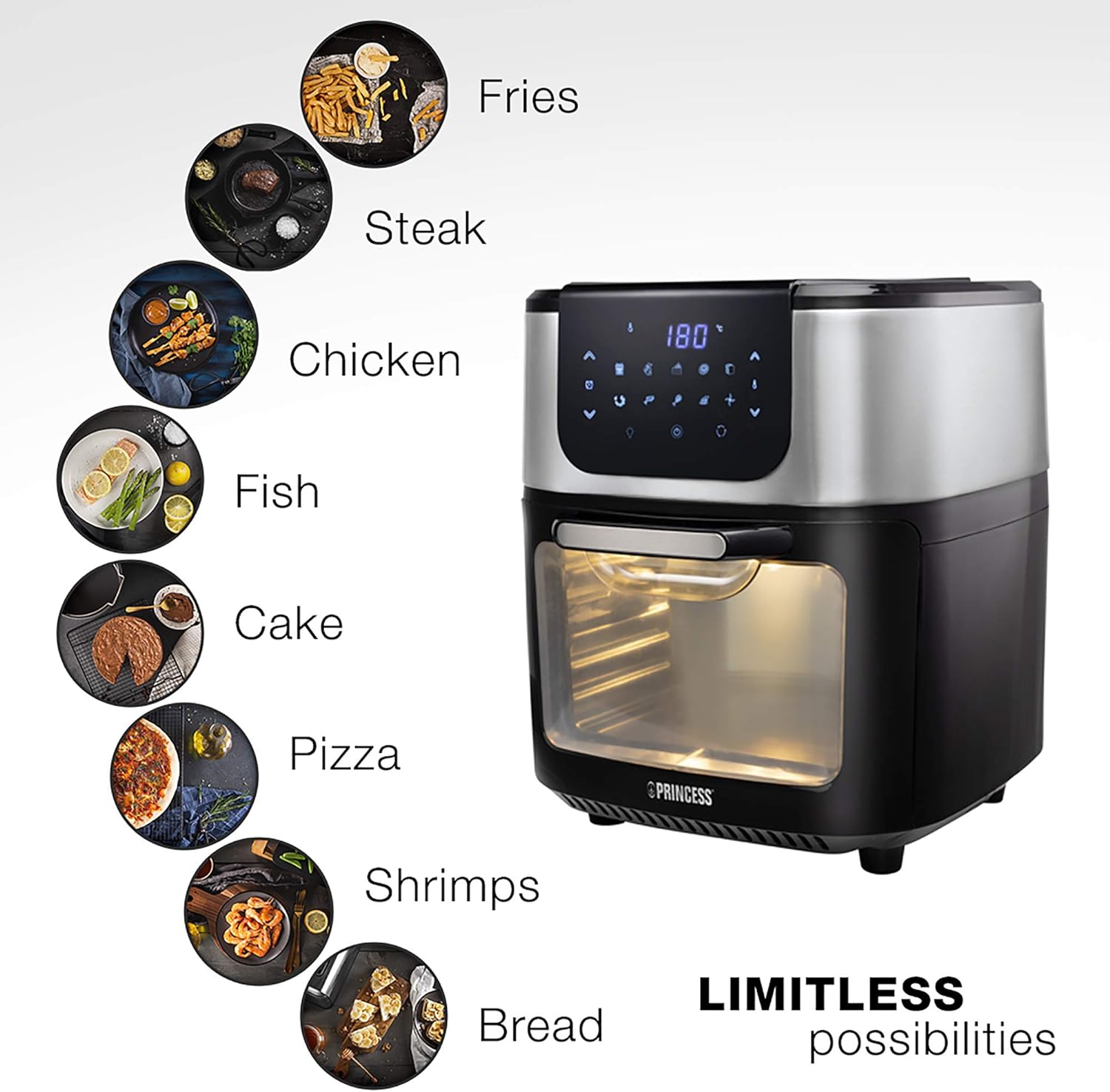Princess 2 - in - 1 Air fryer Oven DeLuxe - 62.2% less energy use - 11 L capacity - 1800W - 65 - 200°C - 10 programmes - Incl. rotating basket & spit - 3 baking trays/crumb tray - Handle - 182075 - Amazing Gadgets Outlet