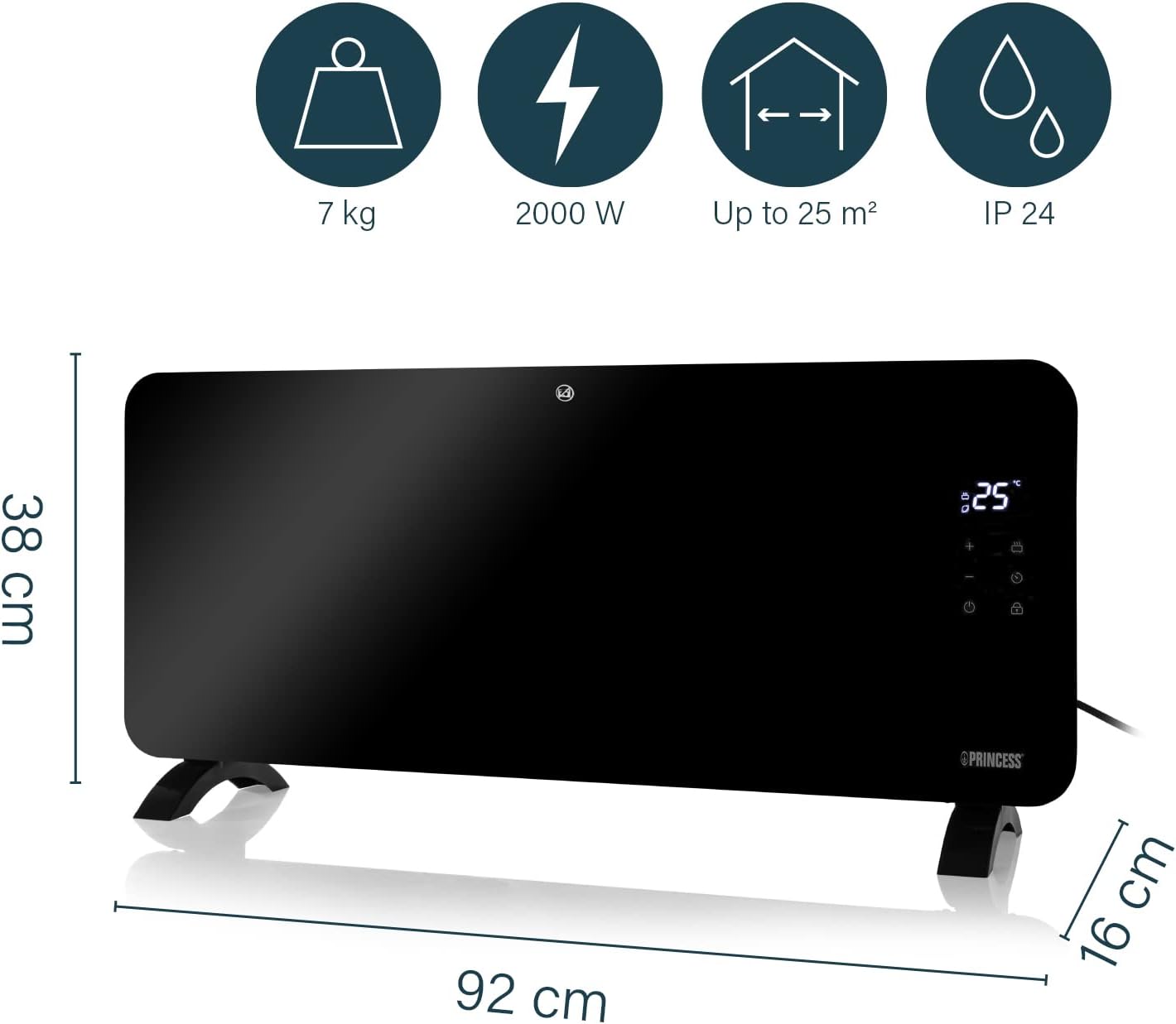 Princess connected electric heater - Convection heating - Manual, app or voice control - Free app - Glass panel - 2000 W - Black - 348200 - Amazing Gadgets Outlet
