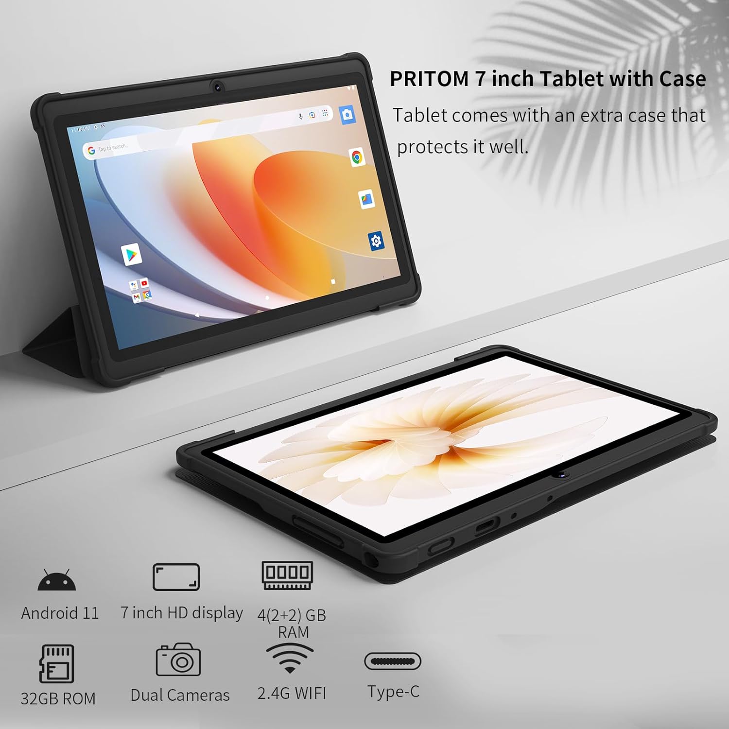 PRITOM 7 inch Tablet Android 11, 4GB(2+2 Expand), 32 GB, (Expandable 128GB) Tablet PC with Quad Core Processor, 3500 Mah, HD IPS Display, Dual Camera, WiFi, Bluetooth, Tablet with Black Case - Amazing Gadgets Outlet