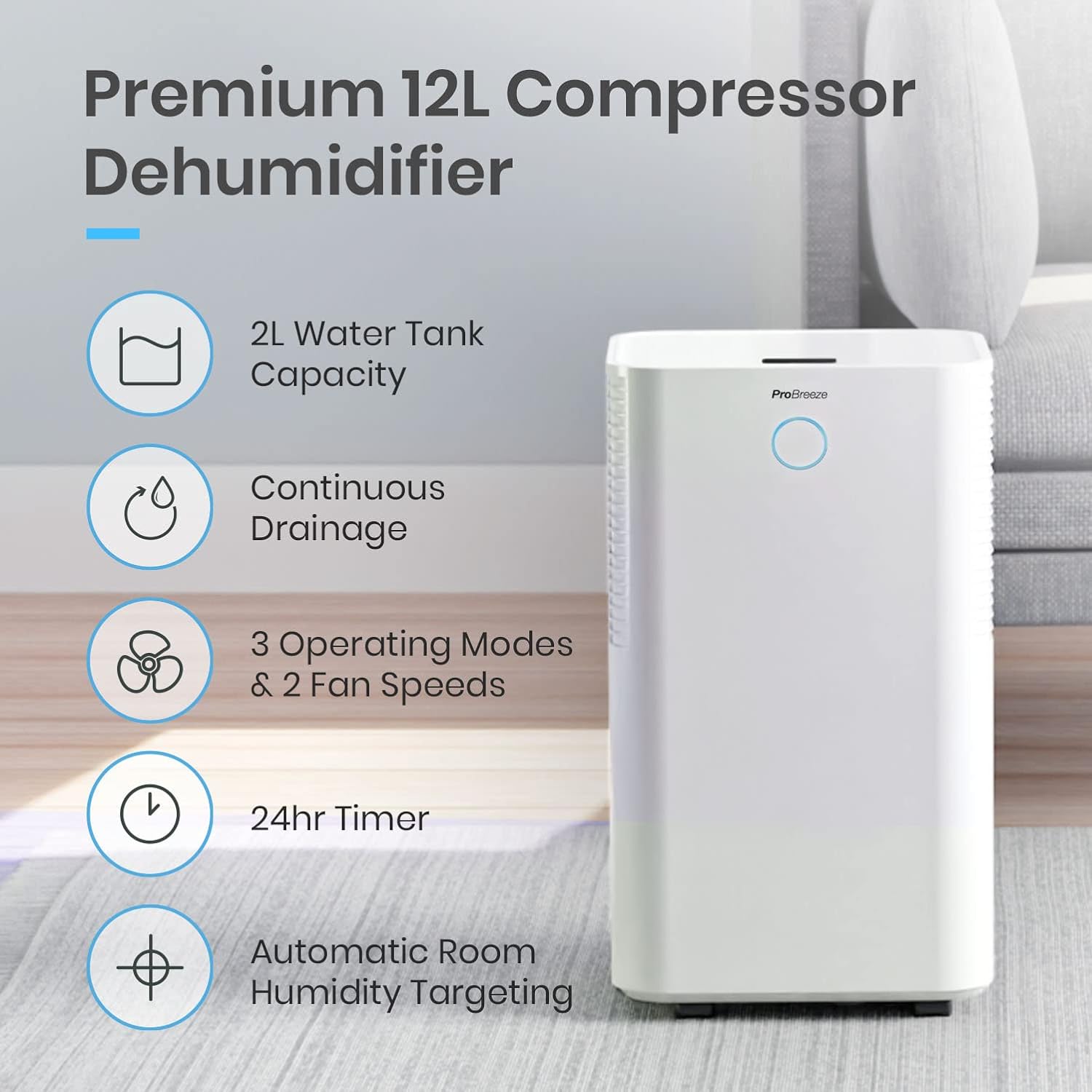 Pro Breeze 12L/Day Dehumidifier with Automatic Humidity Sensor & Display, 24 Hour Timer, Laundry Drying, Continuous Drainage and Sleep Mode for Damp, Mould and Condensation   Import  Single ASIN  Import  Multiple ASIN ×Product customization - Amazing Gadgets Outlet