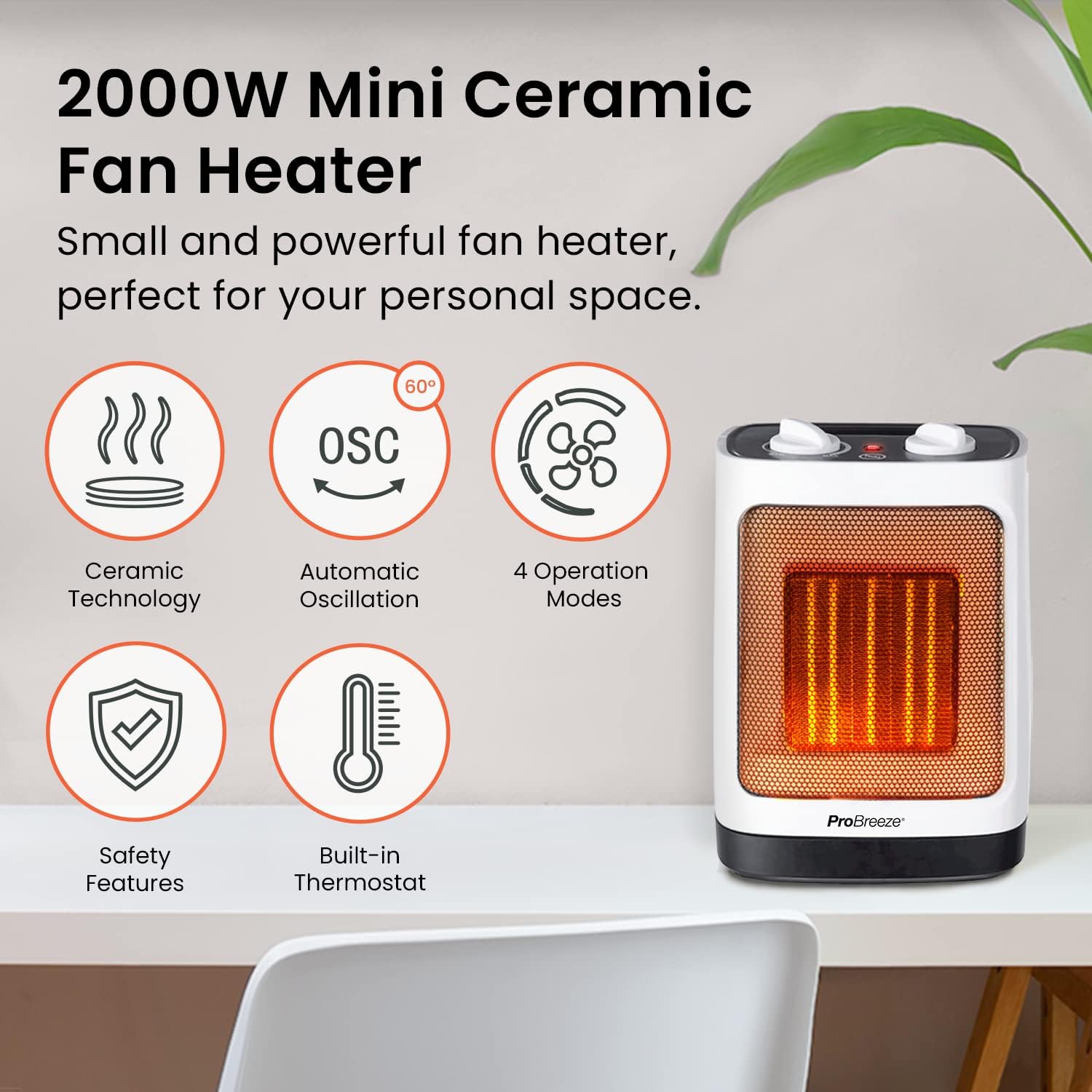 Pro Breeze® 2000W Ceramic Fan Heater - Electric Heater with Automatic Oscillation, Thermostat, 2 Heat Settings & Tip - Over Protection - Portable Heater for Home, Office, Study, Garage, Bathroom - Amazing Gadgets Outlet