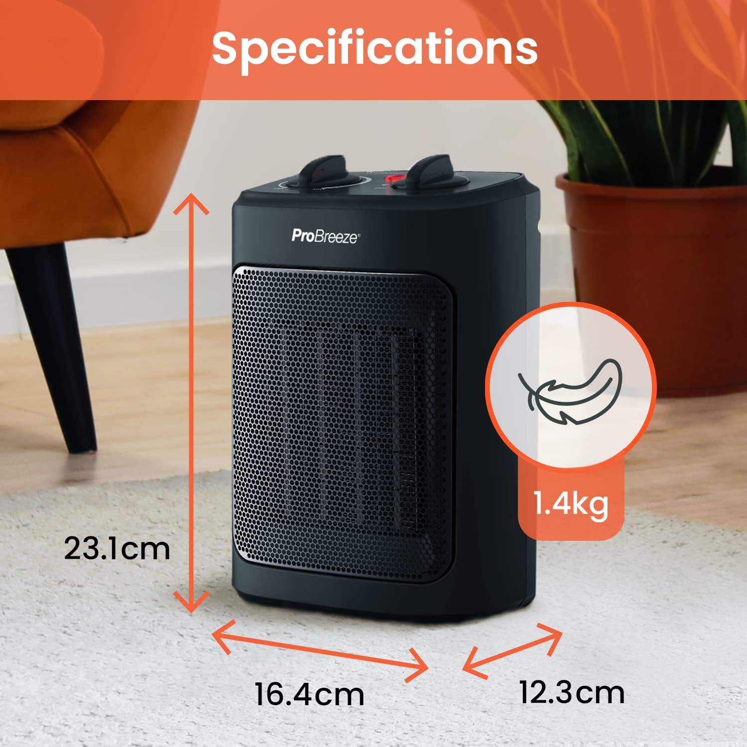 Pro Breeze 2000W Mini Ceramic Fan Heater - 3 Heat Settings & Fan Only Mode with Built - in Overheat and Tip Over Protection, Electric Heater for Home, Office and Bedroom - Black - Amazing Gadgets Outlet