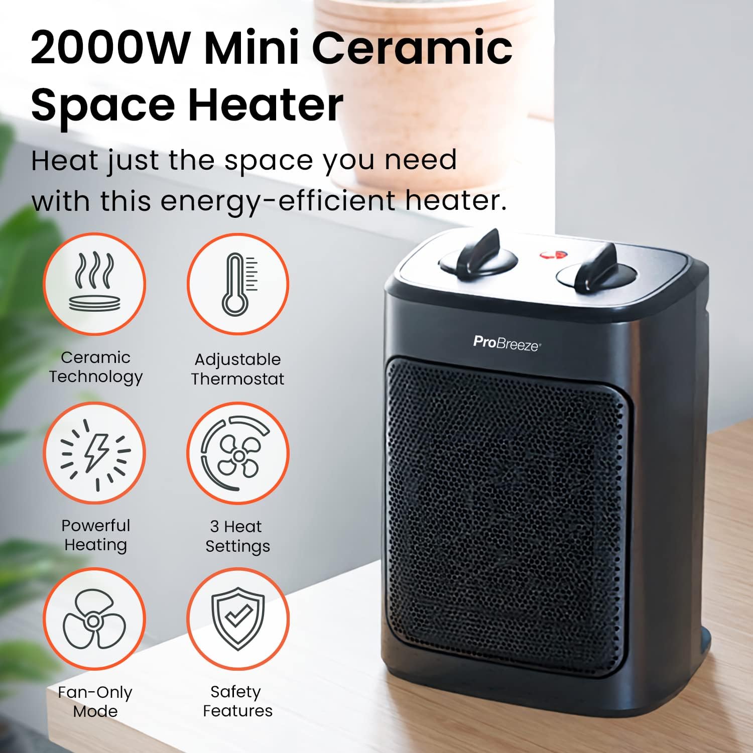 Pro Breeze 2000W Mini Ceramic Fan Heater - 3 Heat Settings & Fan Only Mode with Built - in Overheat and Tip Over Protection, Electric Heater for Home, Office and Bedroom - Black - Amazing Gadgets Outlet