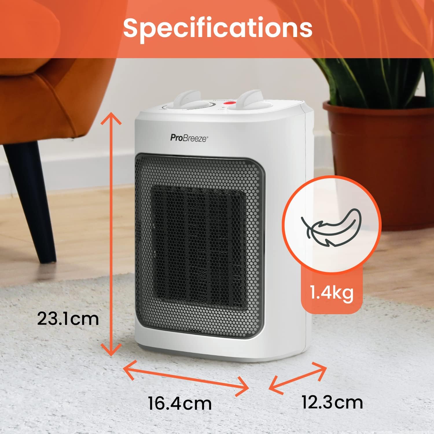 Pro Breeze 2000W Mini Ceramic Fan Heater - 3 Heat Settings & Fan Only Mode with Built - in Overheat and Tip Over Protection, Electric Heater for Home, Office and Bedroom - Amazing Gadgets Outlet