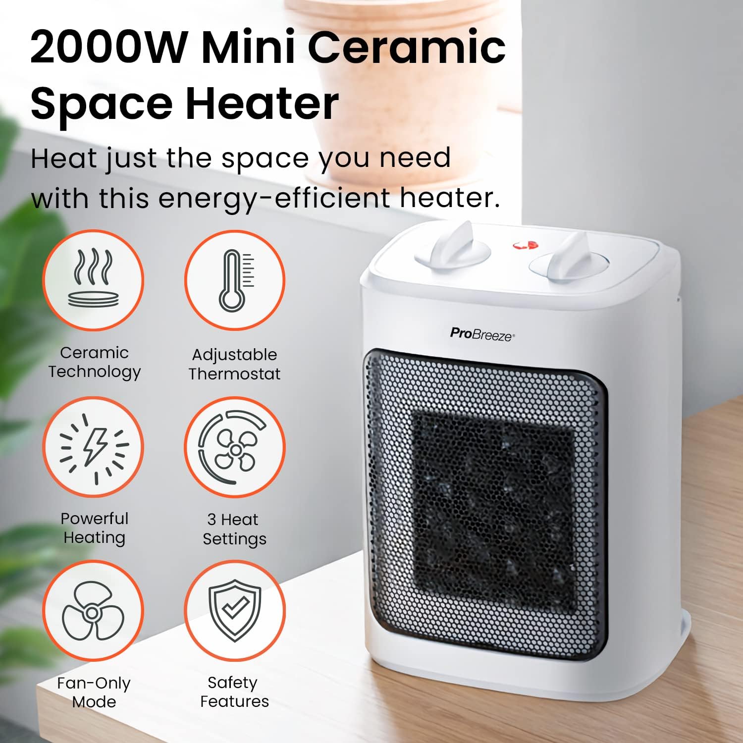 Pro Breeze 2000W Mini Ceramic Fan Heater - 3 Heat Settings & Fan Only Mode with Built - in Overheat and Tip Over Protection, Electric Heater for Home, Office and Bedroom - Amazing Gadgets Outlet