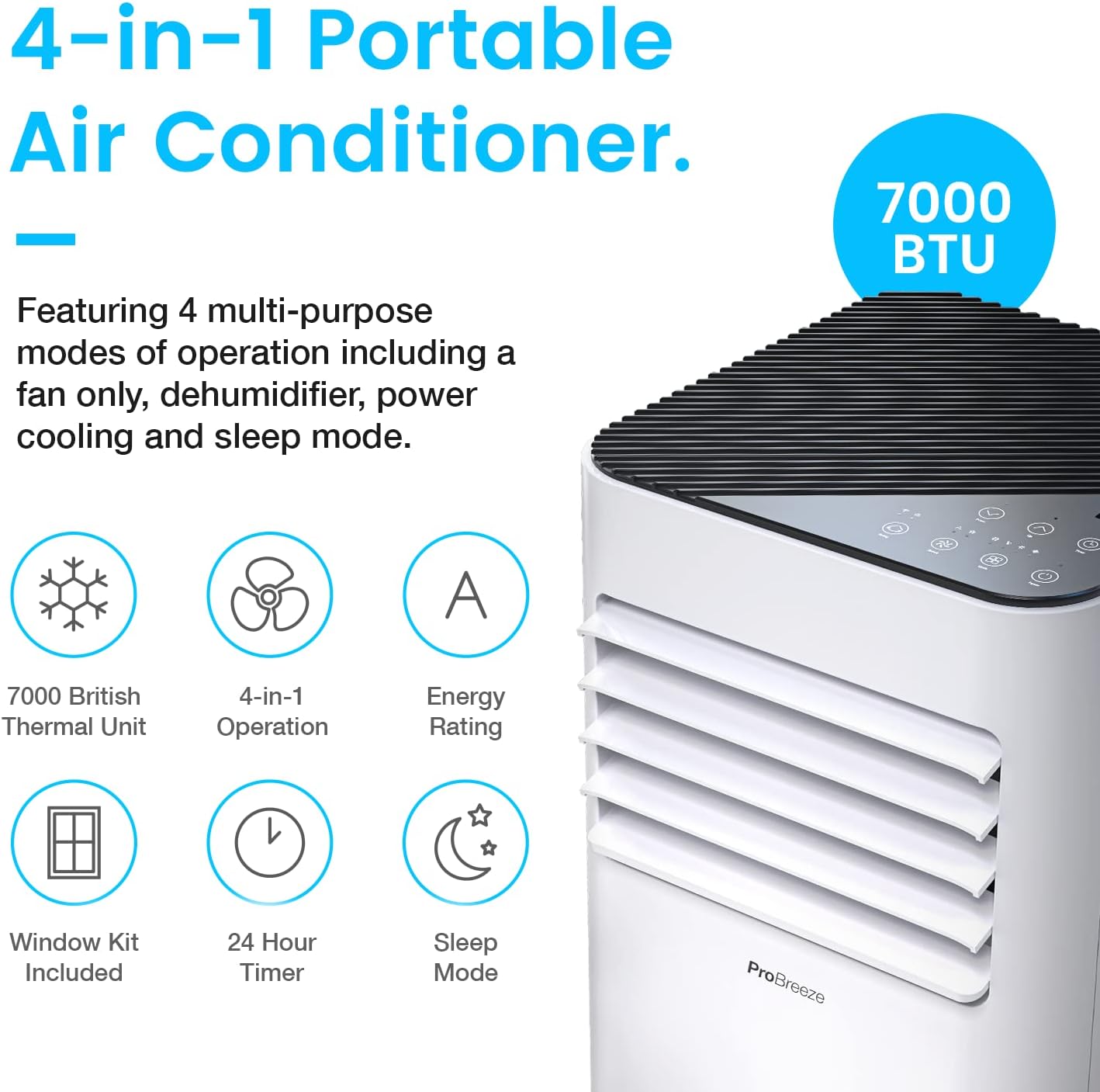 Pro Breeze 4 - in - 1 Portable Air Conditioner 7000 BTU with Remote Control, 24 Hour Timer & Dual Window Venting Kit Included. Powerful Air Conditioning Unit with Class A Energy Efficiency Rating   Import  Single ASIN  Import  Multiple ASIN ×Product - Amazing Gadgets Outlet