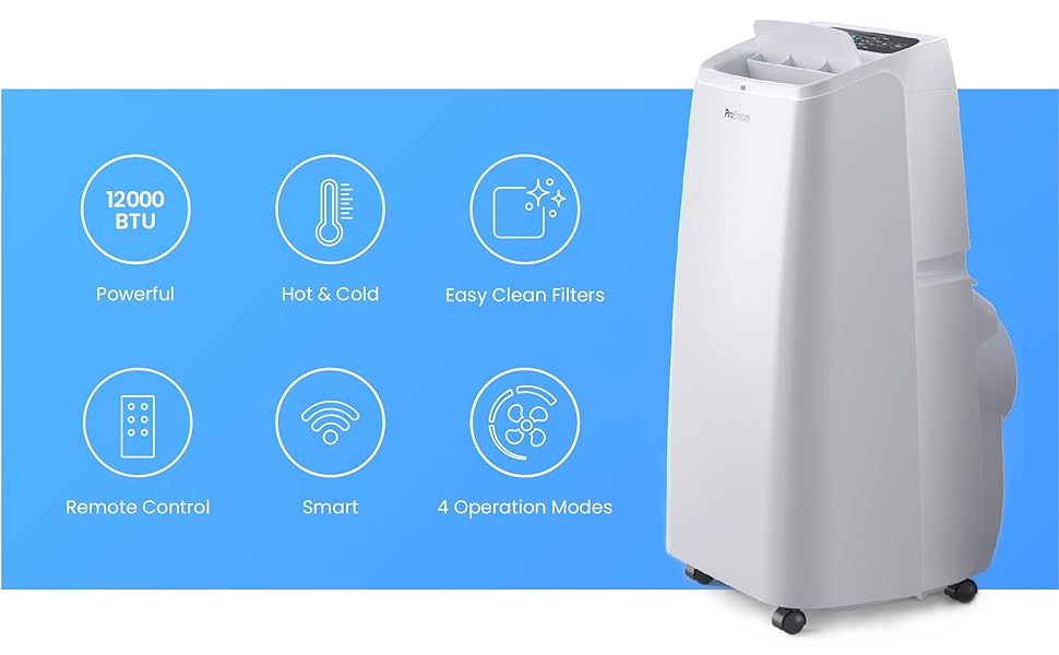 Pro Breeze 4 - in - 1 Powerful Portable Air Conditioner 12,000 BTU - Smart Home WiFi Compatible - App & Voice Control - Heater & Dehumidifier mode, 24hr Timer & Window Venting Kit - Class A Energy Rating - Amazing Gadgets Outlet