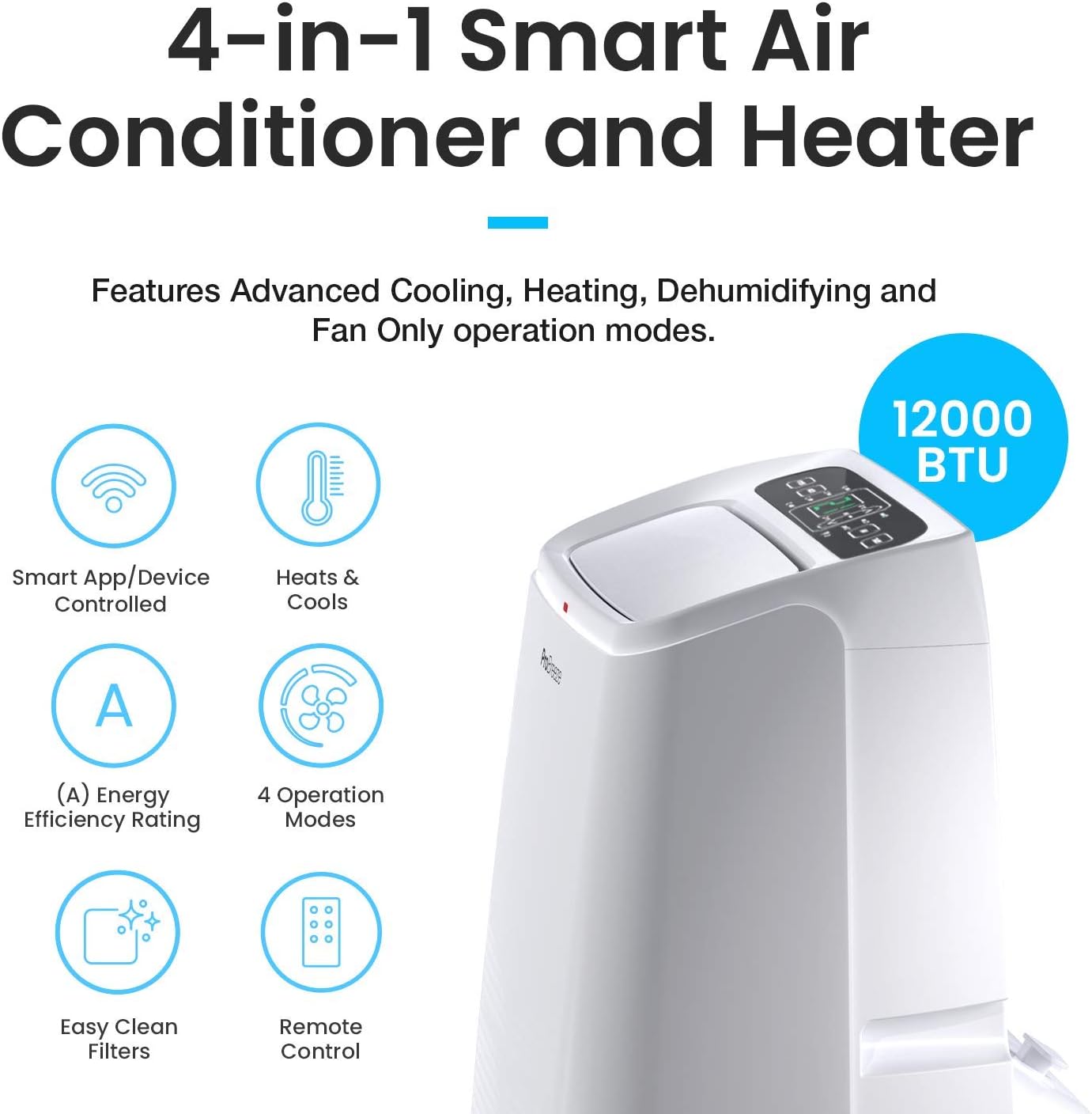 Pro Breeze 4 - in - 1 Powerful Portable Air Conditioner 12,000 BTU - Smart Home WiFi Compatible - App & Voice Control - Heater & Dehumidifier mode, 24hr Timer & Window Venting Kit - Class A Energy Rating - Amazing Gadgets Outlet