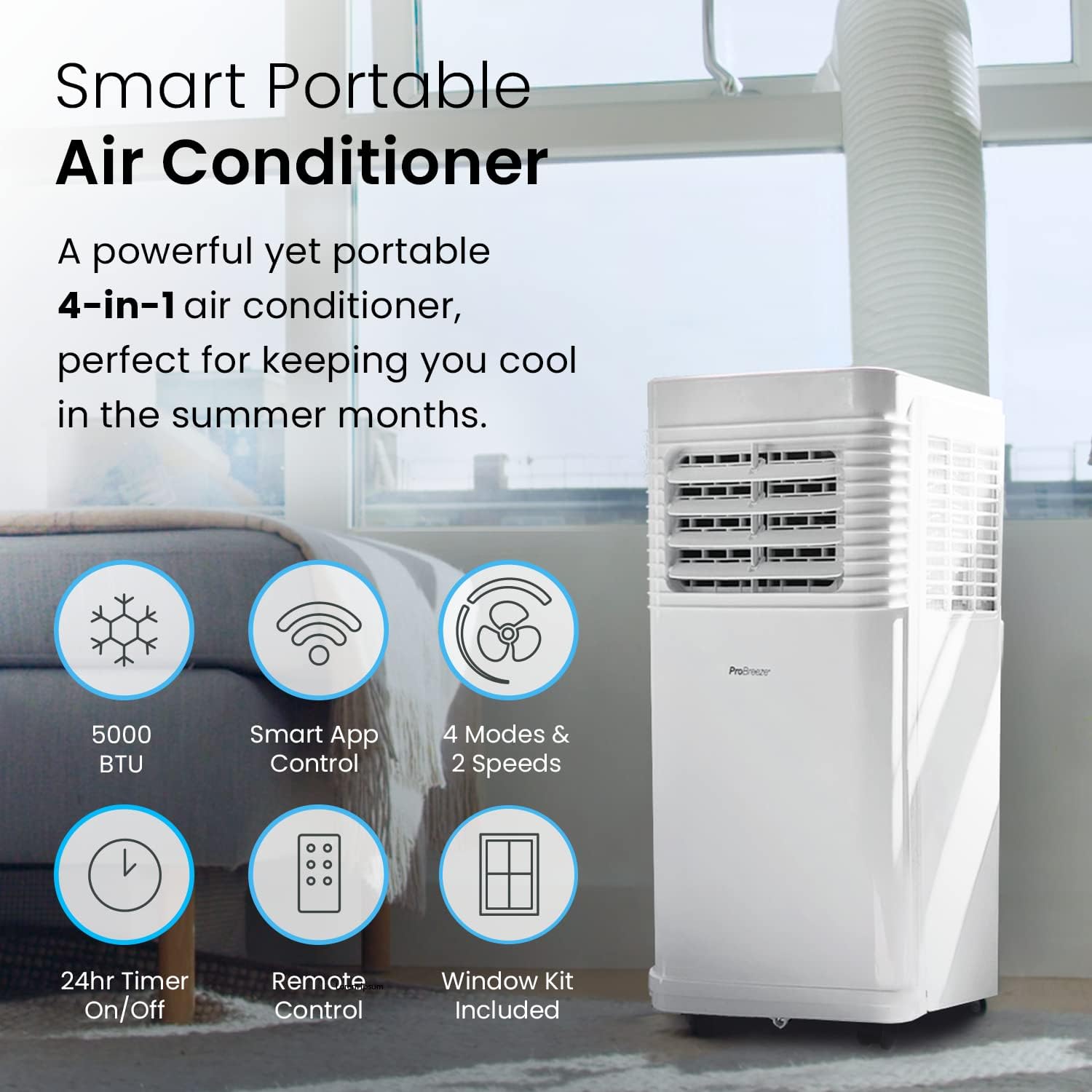 Pro Breeze 4 - in - 1 Smart Portable Air Conditioner 5000 BTU with Wifi, Remote Control, 24 Hour Timer & Dual Window Venting Kit Included - Powerful Air Conditioning Unit for Home - Amazing Gadgets Outlet