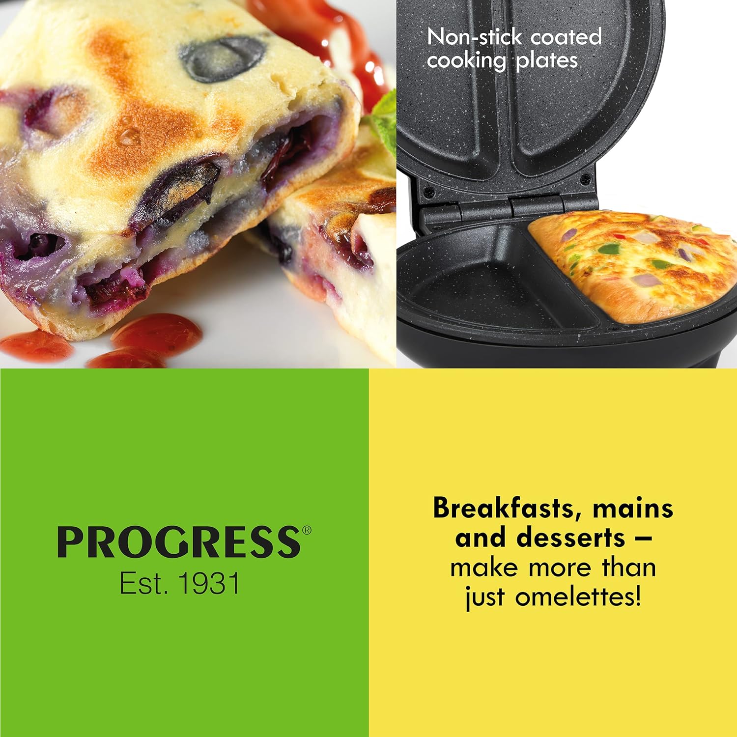 Progress EK2716PH Go Healthy Dual Omelette Maker - Non - Stick, Twin Cooking Chambers, Compact, Easy To Use Multicooker, Use Little to No Oil, Fluffy Omelettes/Pancakes, Indicator Lights - Amazing Gadgets Outlet