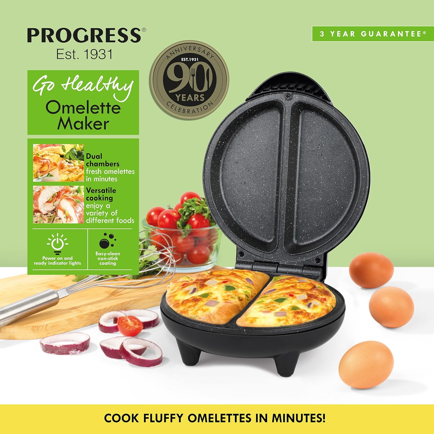 Progress EK2716PH Go Healthy Dual Omelette Maker - Non - Stick, Twin Cooking Chambers, Compact, Easy To Use Multicooker, Use Little to No Oil, Fluffy Omelettes/Pancakes, Indicator Lights - Amazing Gadgets Outlet