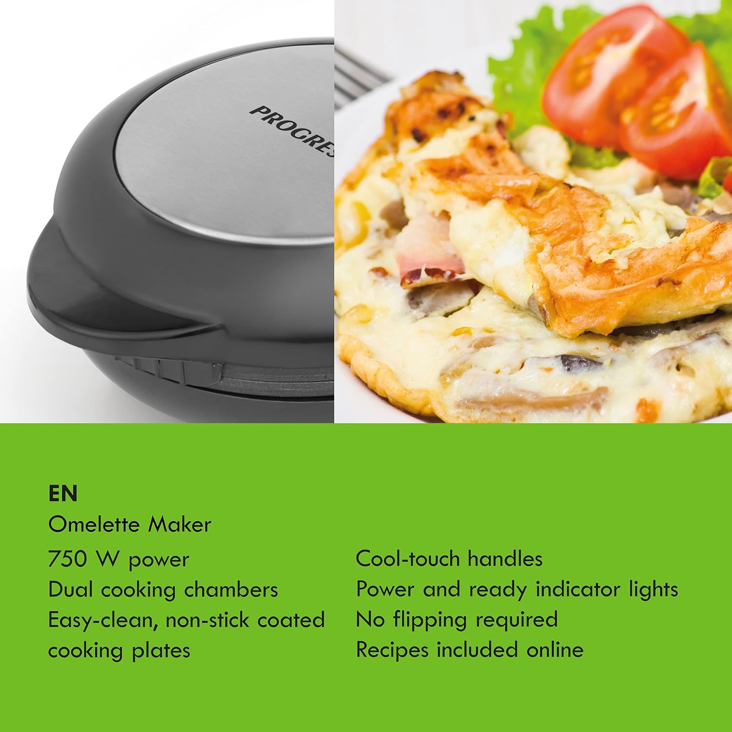 Progress EK2716PH Go Healthy Dual Omelette Maker - Non - Stick, Twin Cooking Chambers, Compact, Easy To Use Multicooker, Use Little to No Oil, Fluffy Omelettes/Pancakes, Indicator Lights - Amazing Gadgets Outlet