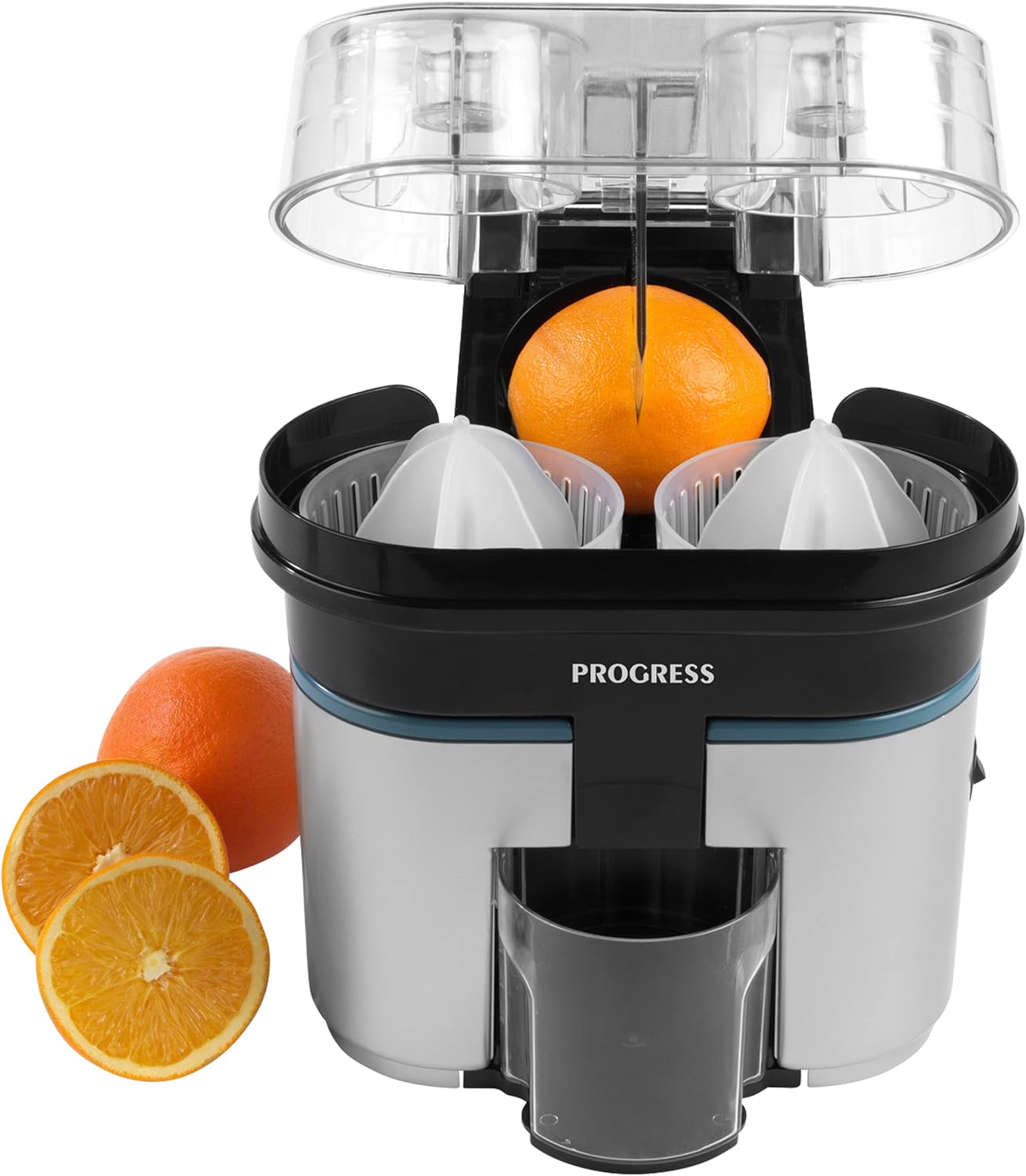 Progress EK5027P Slice & Juice Electric Juicer - Twin Citrus Juicer with Built - in Slicer, Dual Juicing Function, 500ml Container, Removable Cone Attachments & Strainer, On/Off Switch, Safety Lock, 90W - Amazing Gadgets Outlet