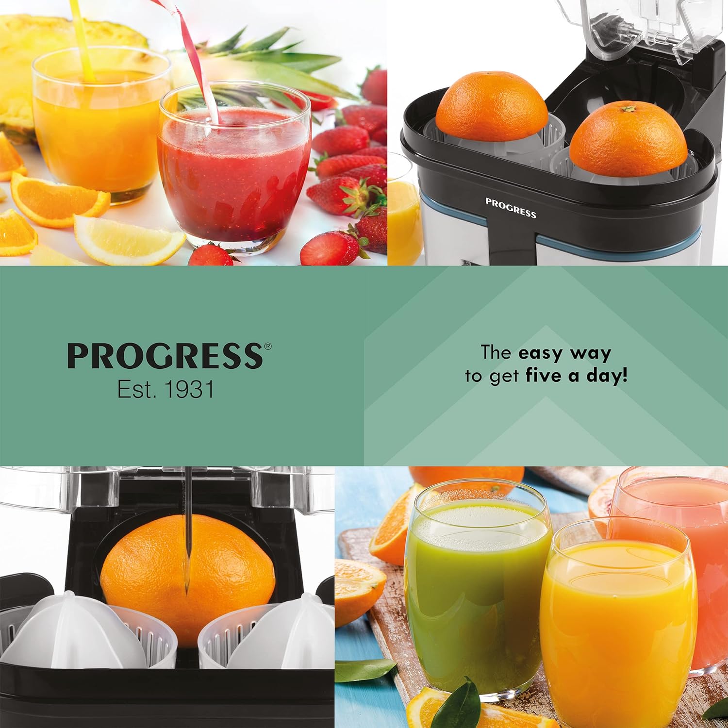 Progress EK5027P Slice & Juice Electric Juicer - Twin Citrus Juicer with Built - in Slicer, Dual Juicing Function, 500ml Container, Removable Cone Attachments & Strainer, On/Off Switch, Safety Lock, 90W - Amazing Gadgets Outlet