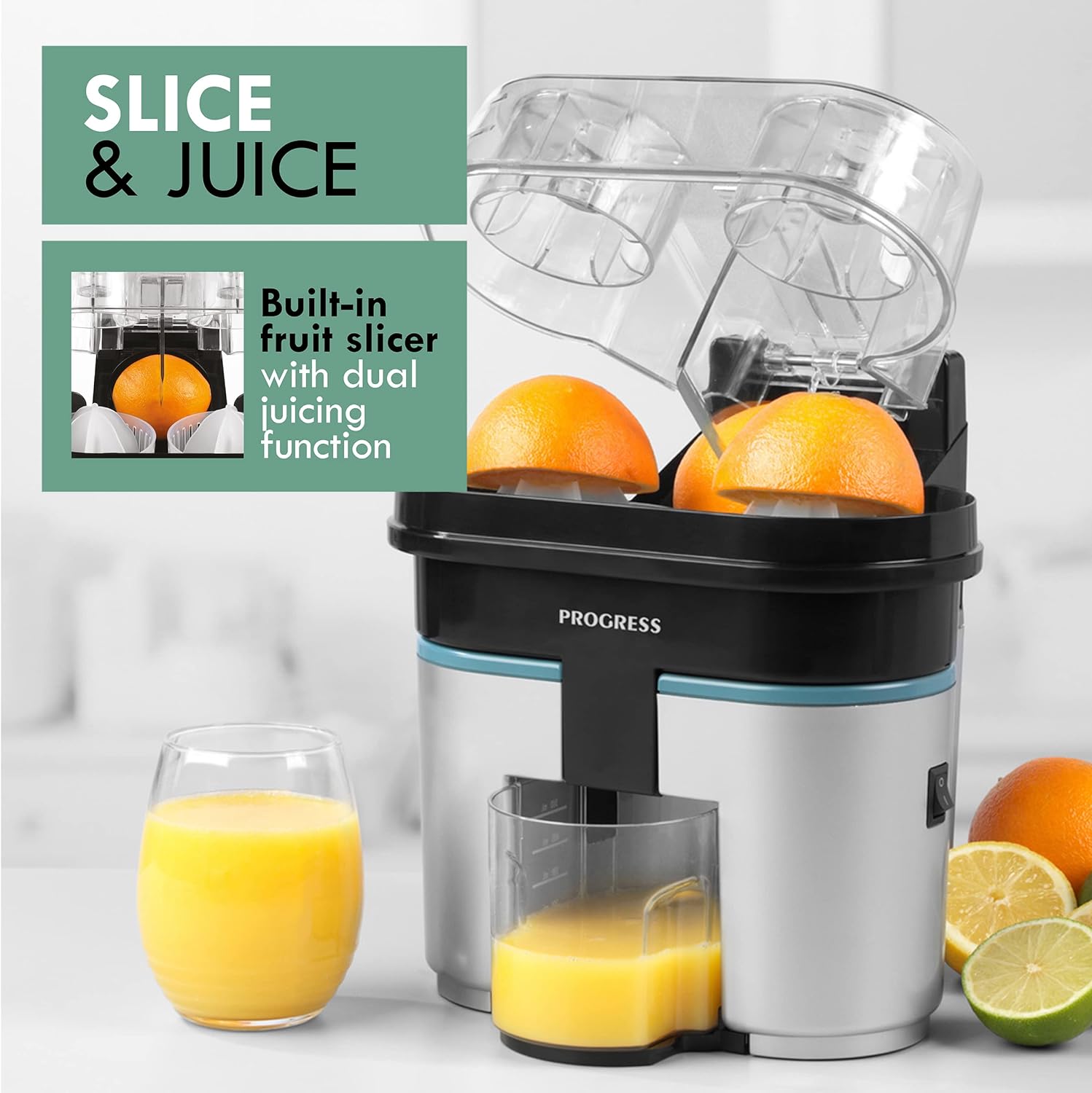 Progress EK5027P Slice & Juice Electric Juicer - Twin Citrus Juicer with Built - in Slicer, Dual Juicing Function, 500ml Container, Removable Cone Attachments & Strainer, On/Off Switch, Safety Lock, 90W - Amazing Gadgets Outlet