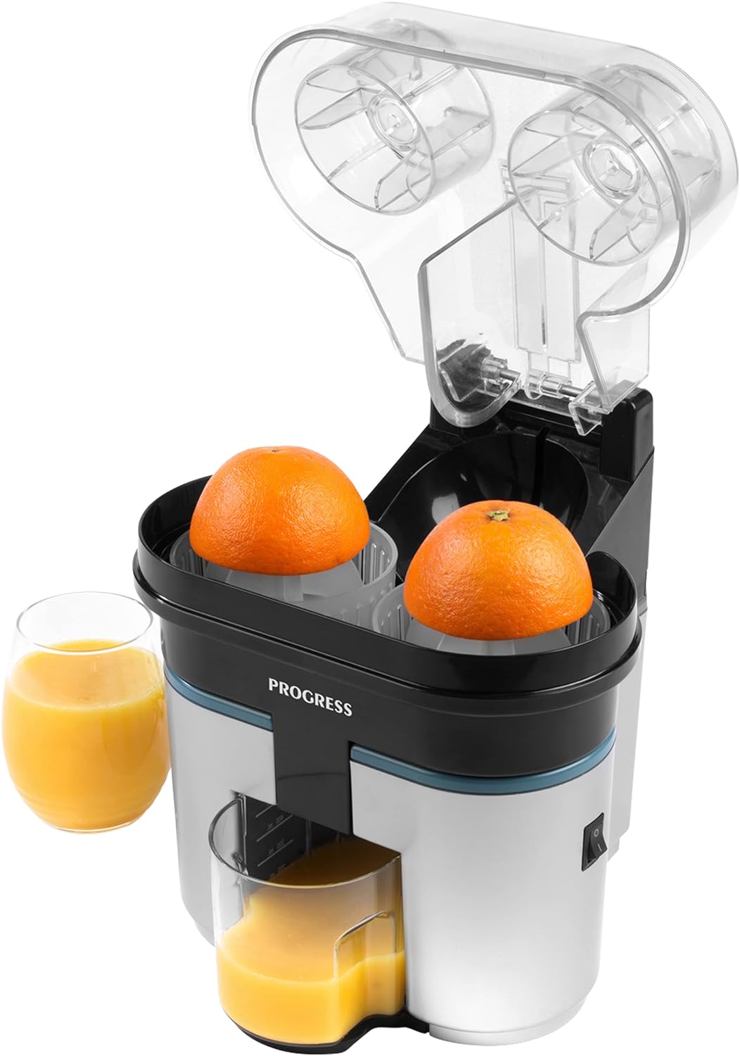 Progress EK5027P Slice & Juice Electric Juicer - Twin Citrus Juicer with Built - in Slicer, Dual Juicing Function, 500ml Container, Removable Cone Attachments & Strainer, On/Off Switch, Safety Lock, 90W - Amazing Gadgets Outlet